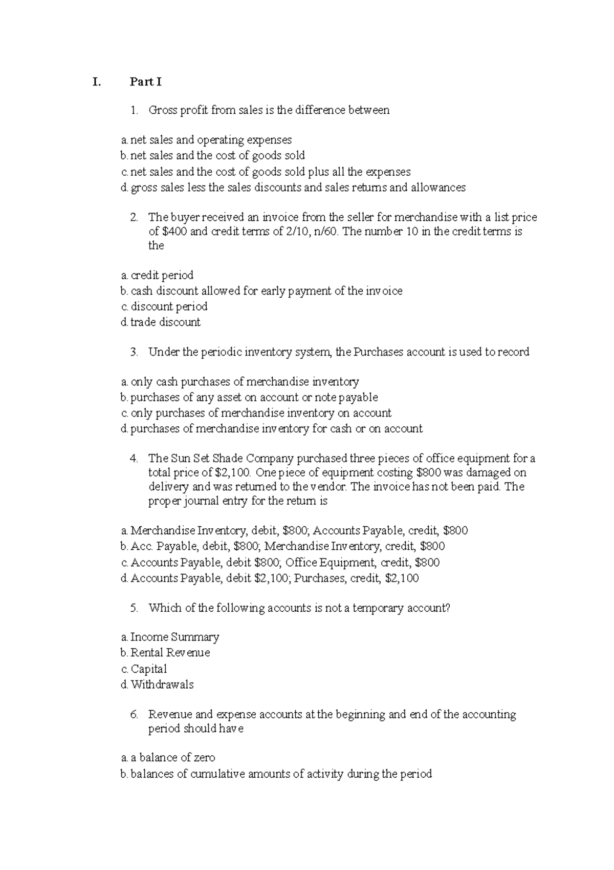 Practice and review final test principle of accounting - I. Part I ...