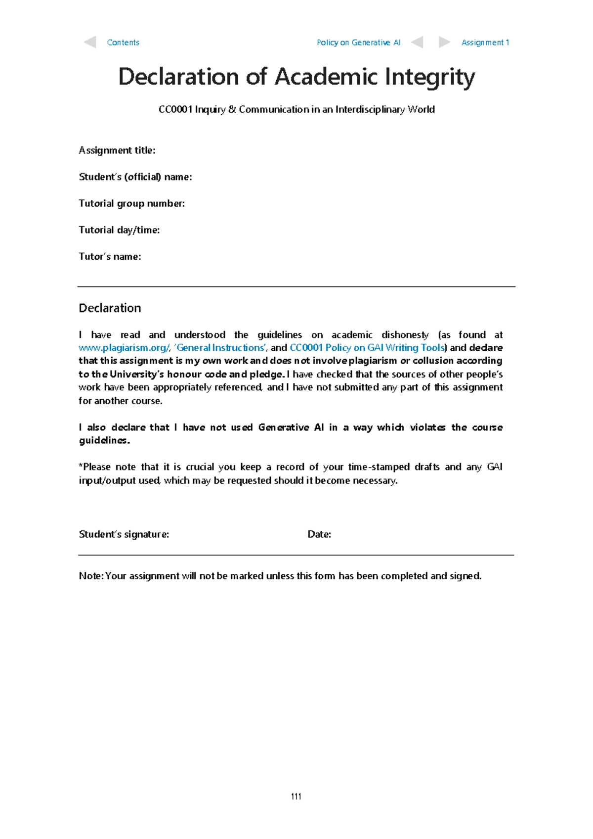 CC1 /CC0001 Academic Integrity Declaration for GAI Assignment - Studocu