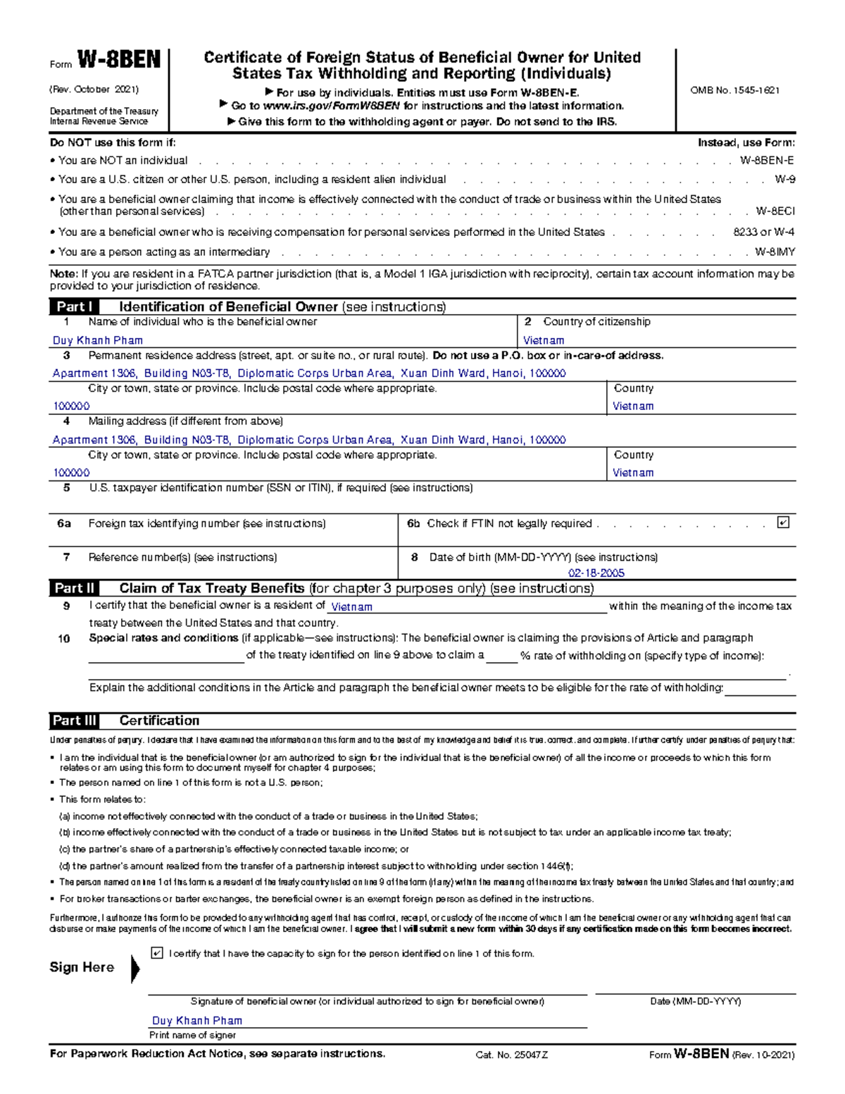 Form W-8BEN: Certificate of Foreign Status for U.S. Tax Withholding ...