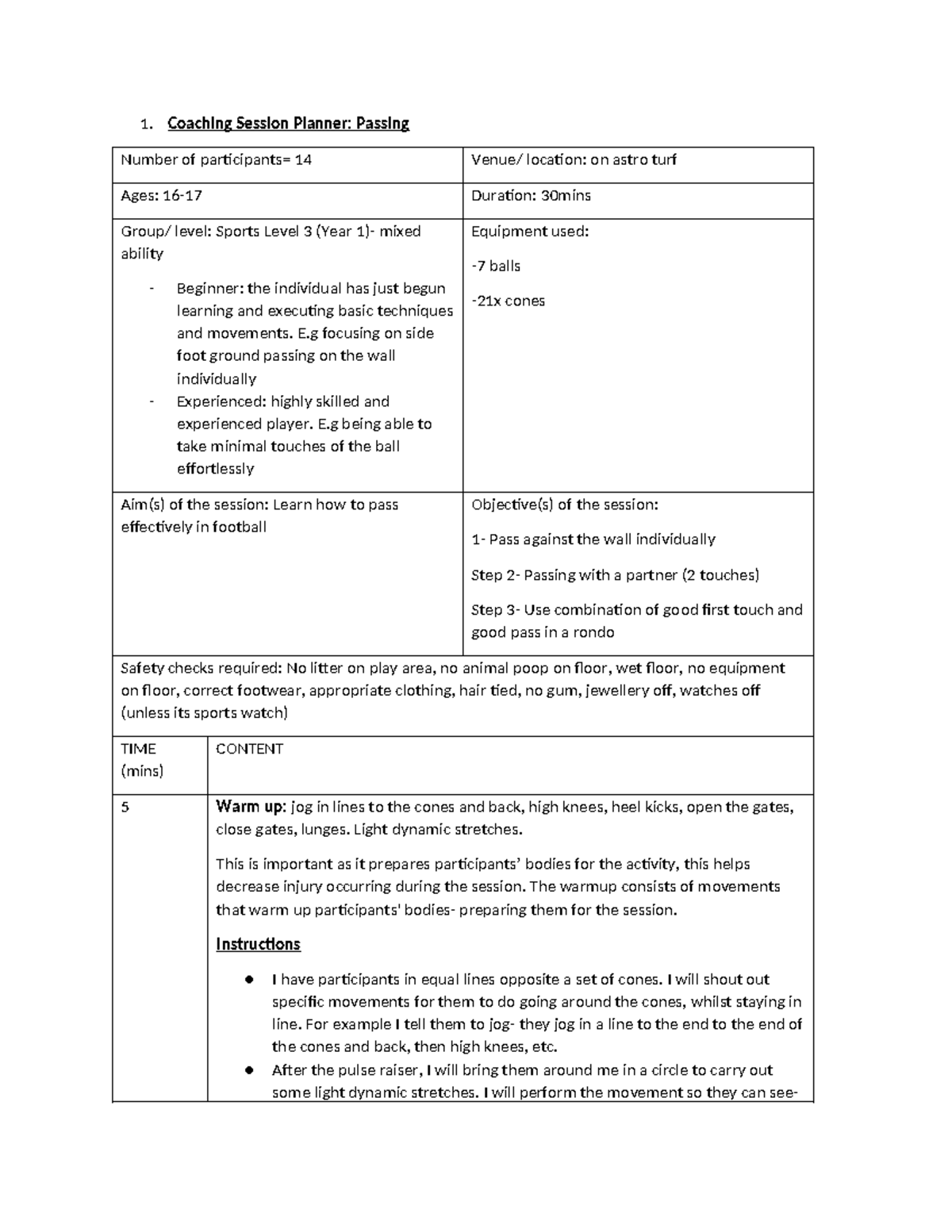 Coaching Session Planner: Sports Level 3 Unit 8 Assignments on Passing ...