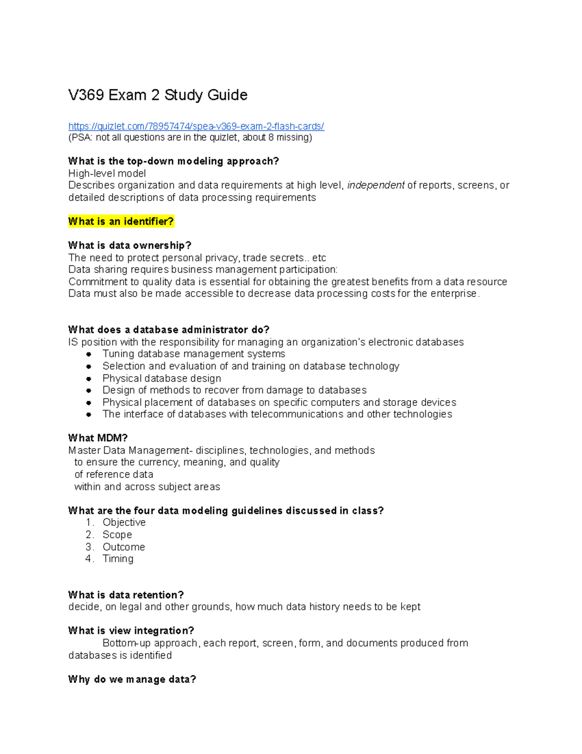 V369 Exam 2 Study Guide: Key Concepts and Data Management Principles ...