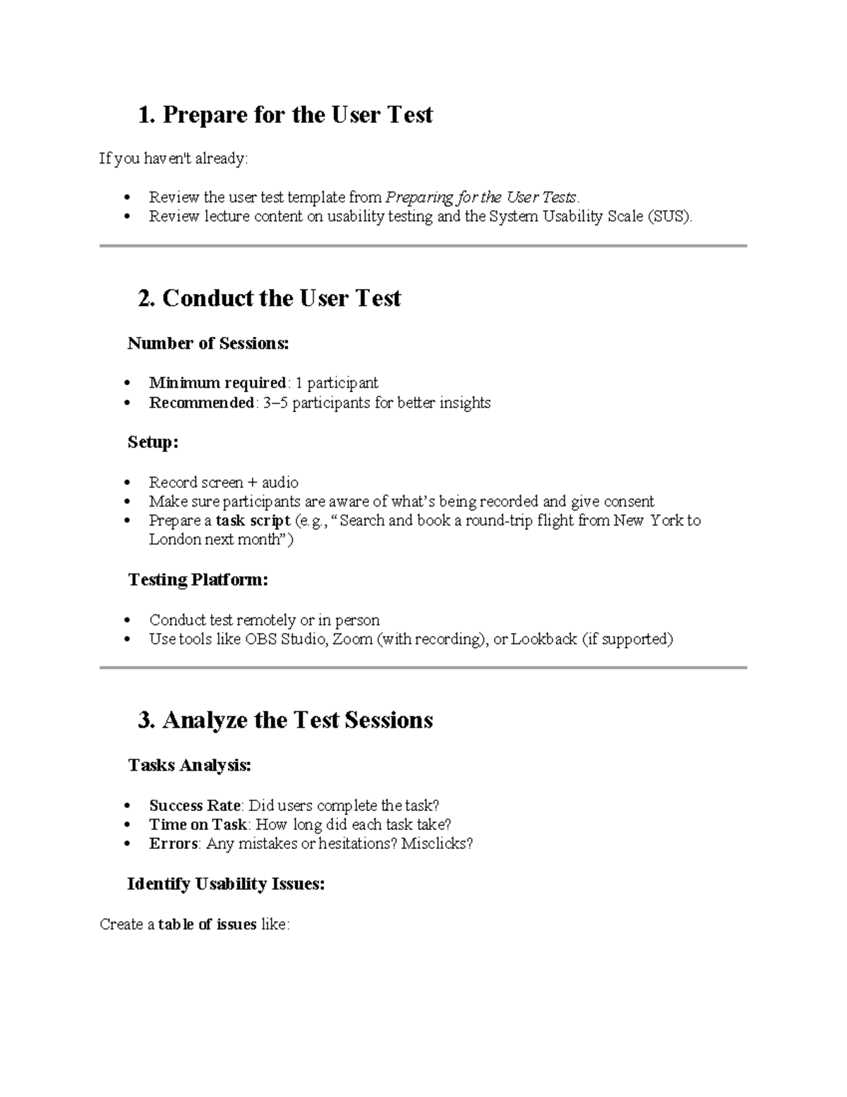 User Test Preparation and Analysis Guide (Course Code: 1) - Studocu