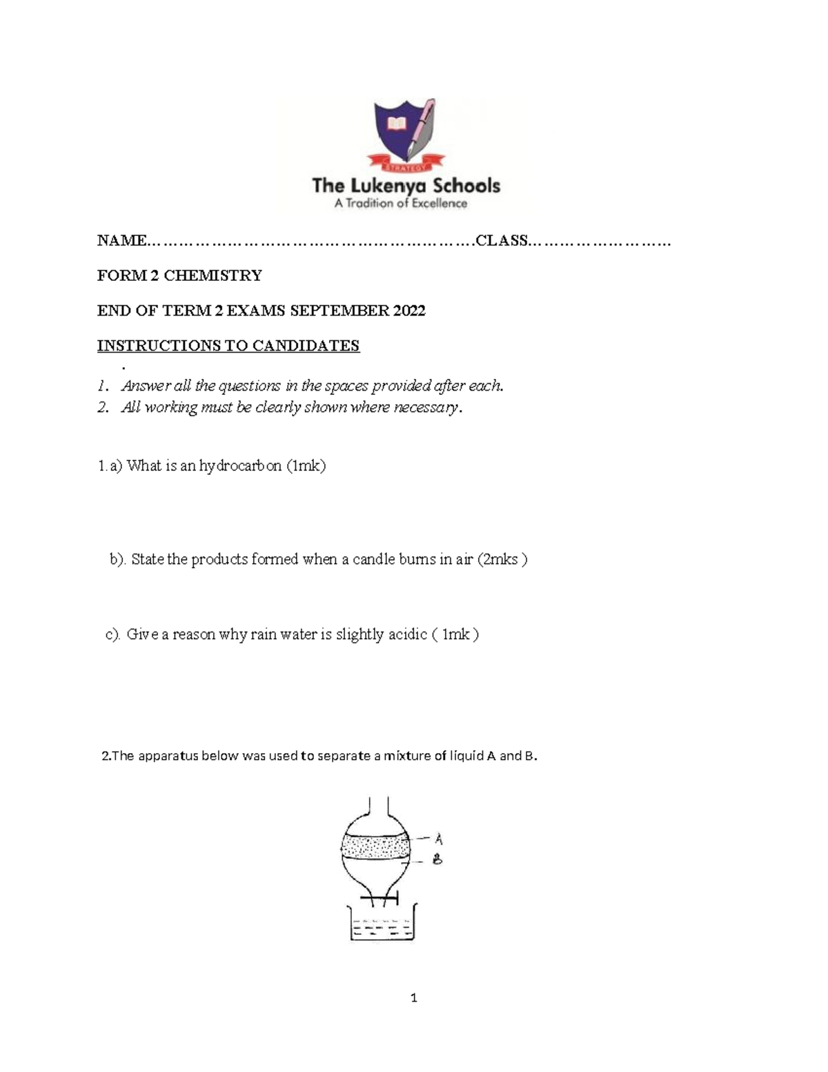FORM II Chemistry September 2022 END TERM 2 Exams - - Studocu