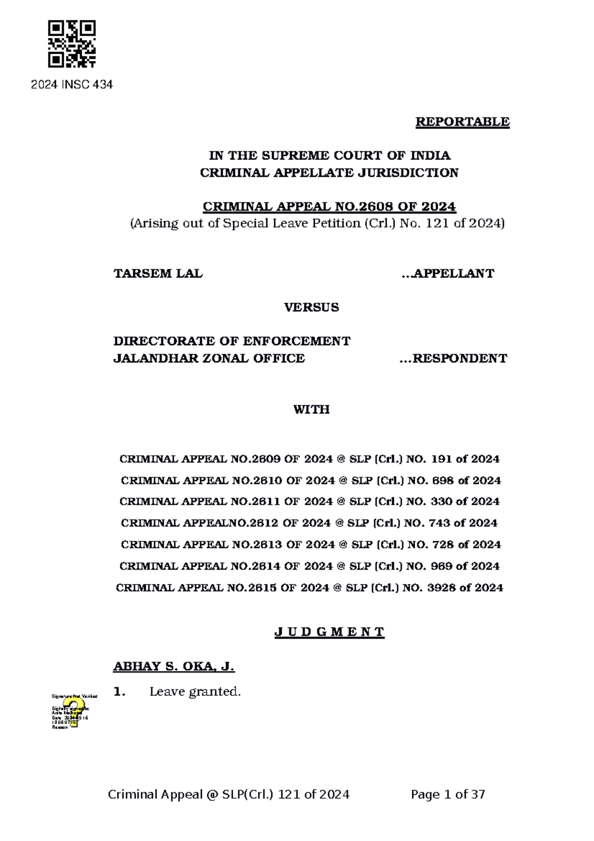 2024 INSC 434 Criminal Appeal SLP(Crl.) 121 of Tarsem Lal v. ED ...