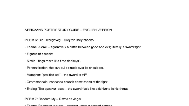 Afrikaans Poetry Study Guide: Key Themes & Techniques Analysis - Studocu