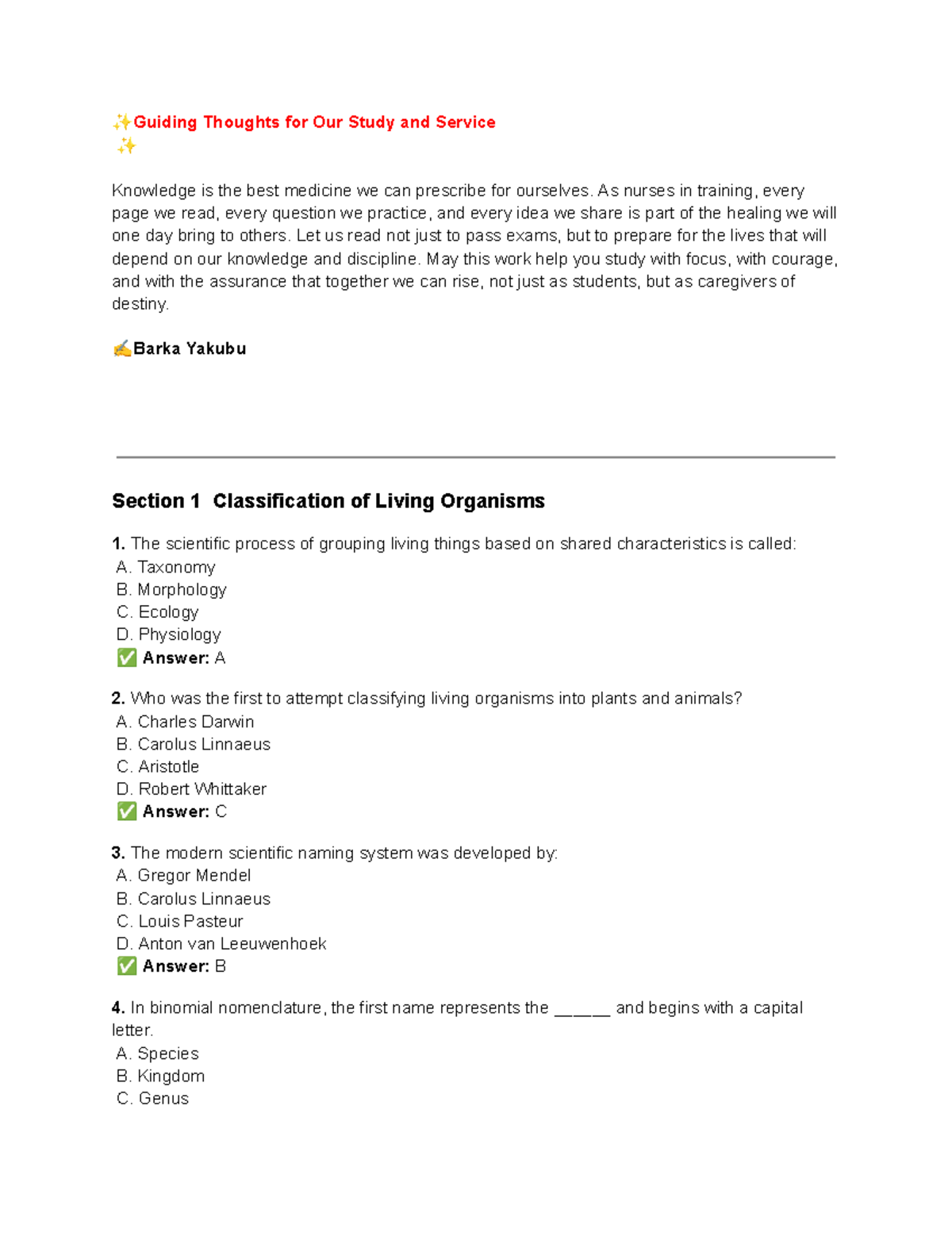 BIO 102 Final Exam MCQs: Classification of Living Organisms - Studocu