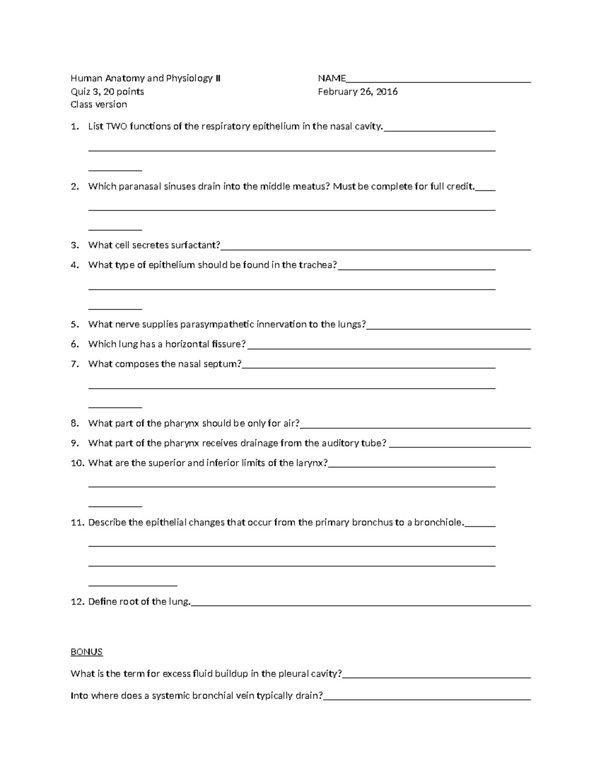 Human Anatomy and Physiology II Quiz 3 - Respiratory System Insights ...