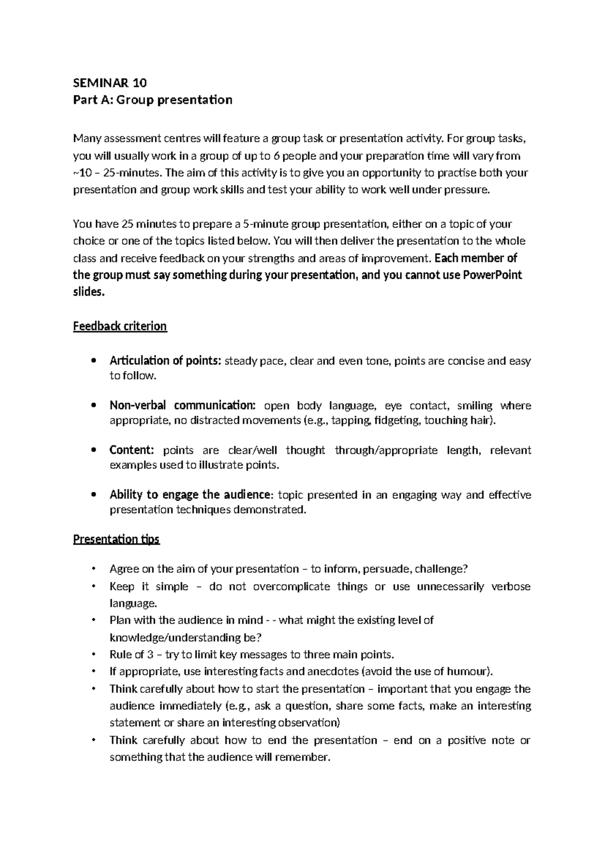 Week 10 Seminar Tasks - question sheet - SEMINAR 10 Part A: Group ...