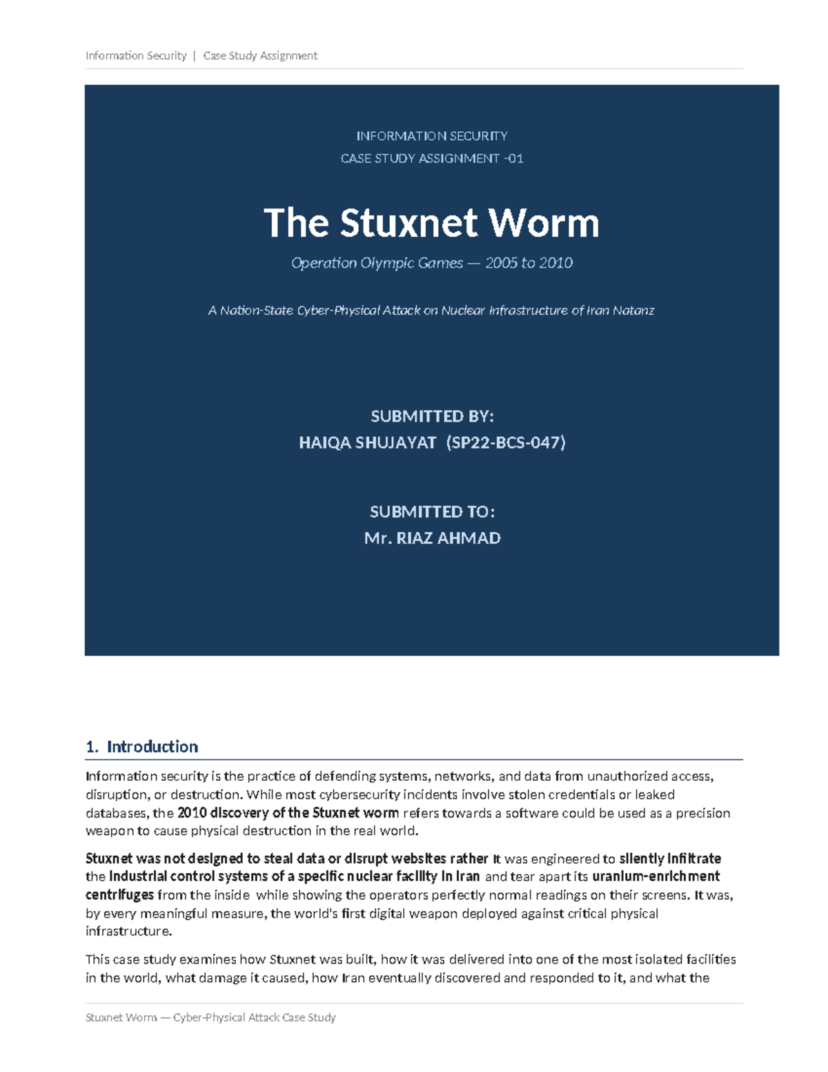 Information Security Case Study: The Stuxnet Worm Attack (INFO SEC ...