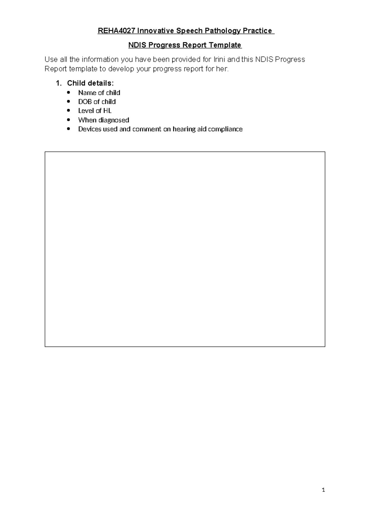 REHA4027 NDIS Progress Report Template for Irini’s Speech Outcomes ...