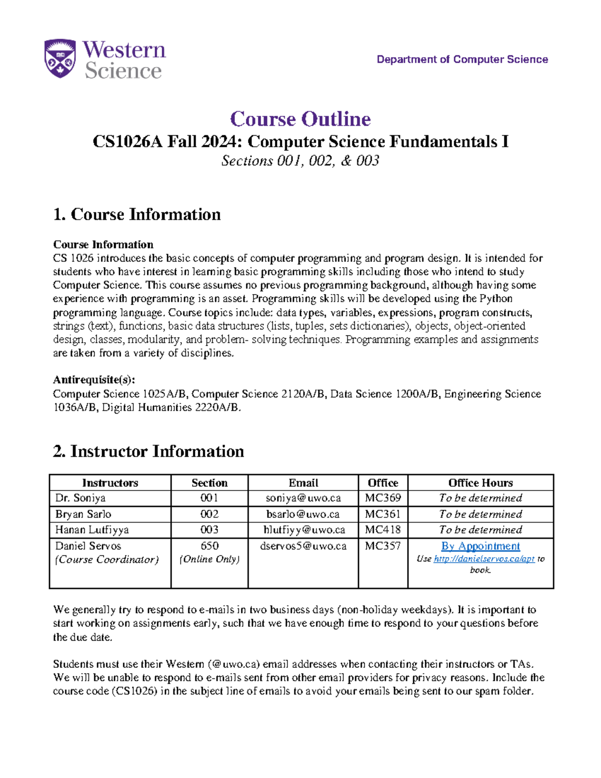 CS1026A Course Outline - Fall 2024 In-Person Sections & Evaluation ...