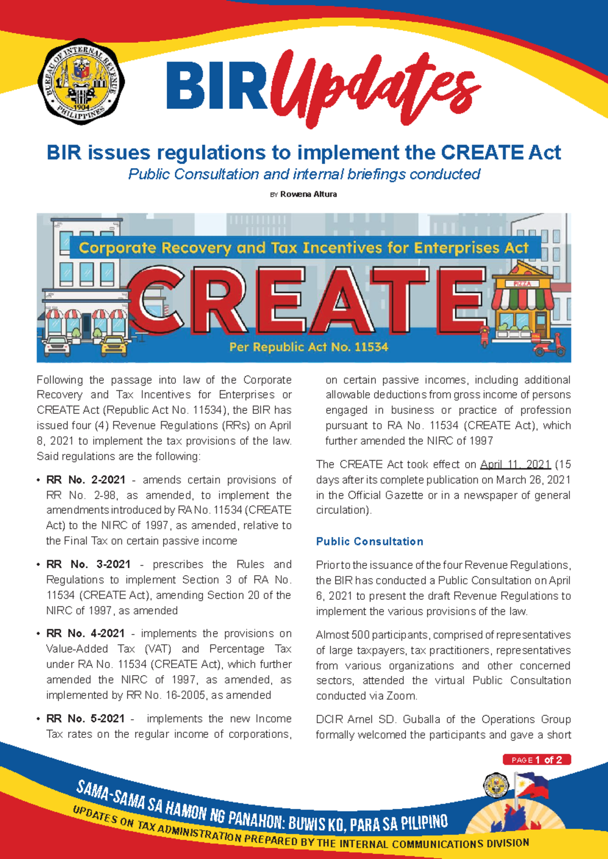 BIR Updates Issue No. 5 - CREATE Act Implementation Overview - Studocu