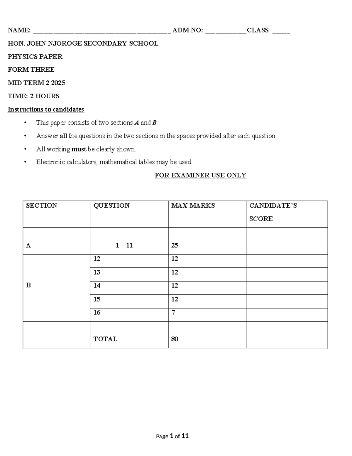 Physics Form 3 Midterm Exam Paper 2025 - Questions and Instructions ...