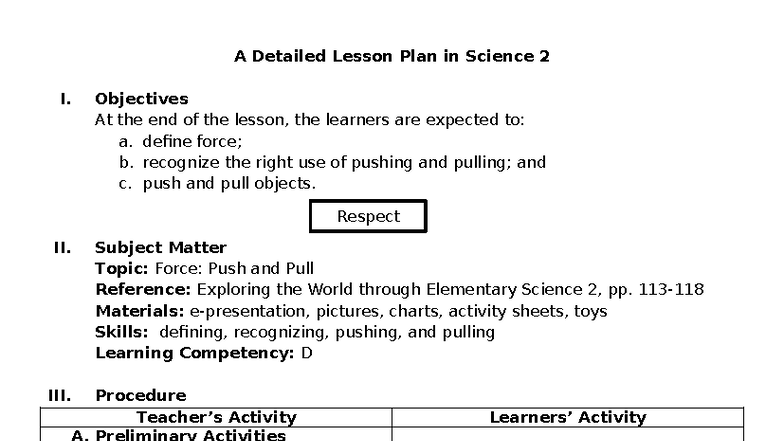 A Comprehensive Lesson Plan on Force: Push and Pull in Science 2 - Studocu