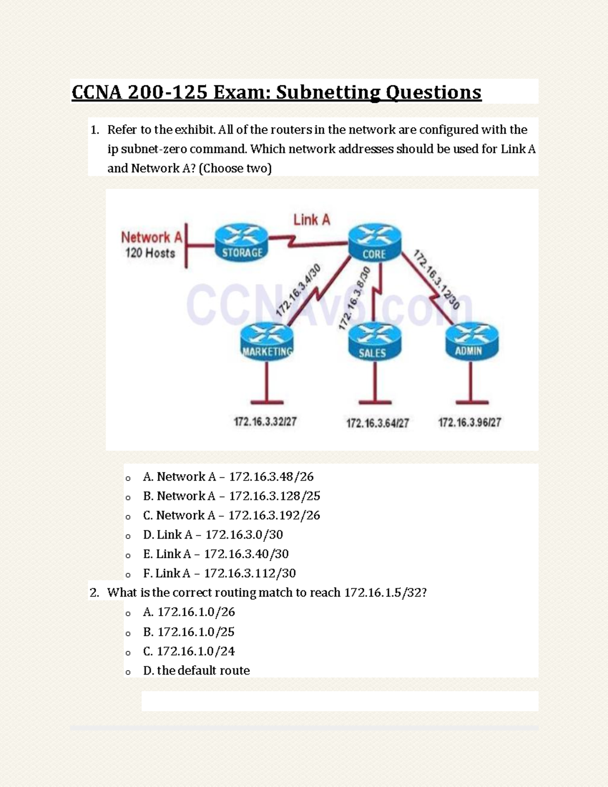 CCNA Exam: Subnetting Questions & Exercises - TEST - Studocu