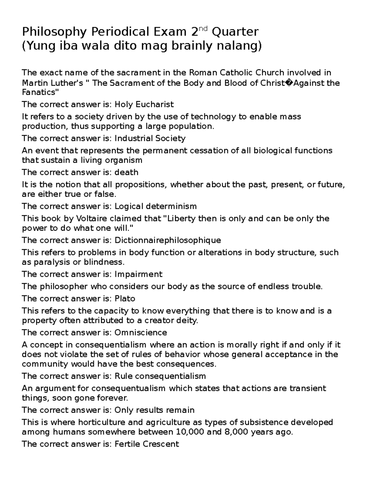 Philosophy Periodical Exam - 2nd Quarter Review - Studocu