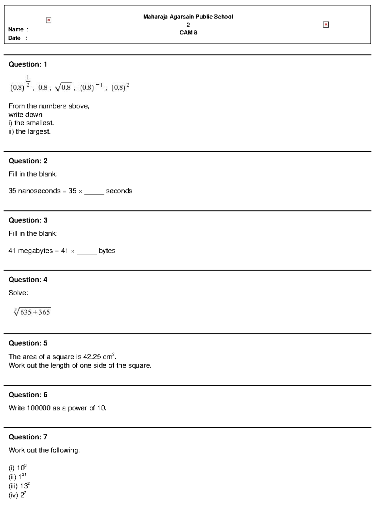 Practice Sheets for CAM 8: Math Questions and Solutions - Studocu