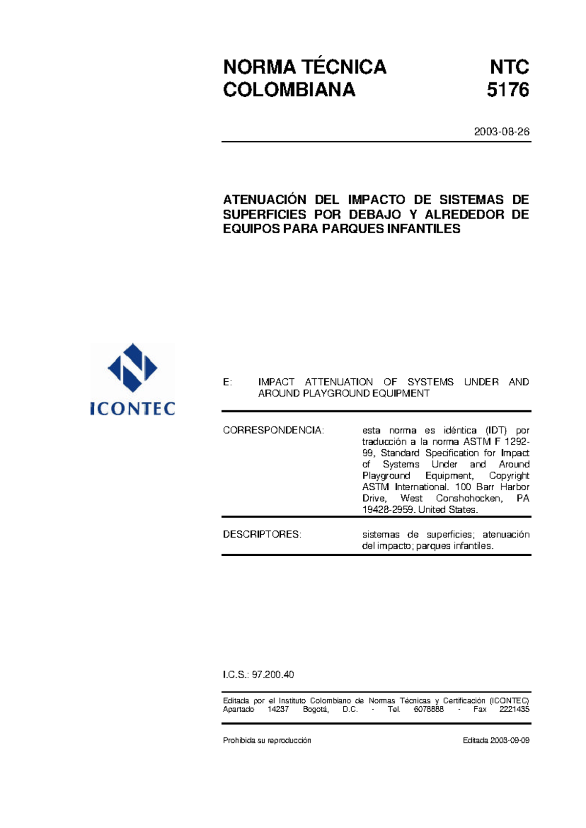 NTC5176 - Normativa sobre Atenuación de Impacto en Parques Infantiles - Document Preview