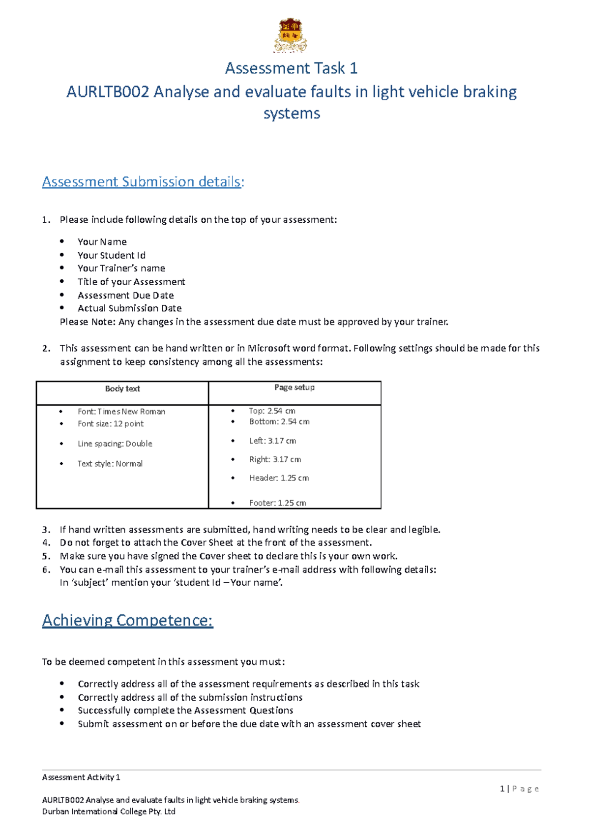 AURLTB002 Assessment Task 1 - Informative Notes on Brake System Faults ...
