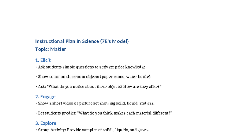7Es Instructional Plan Matter - Instructional Plan in Science (7E's ...