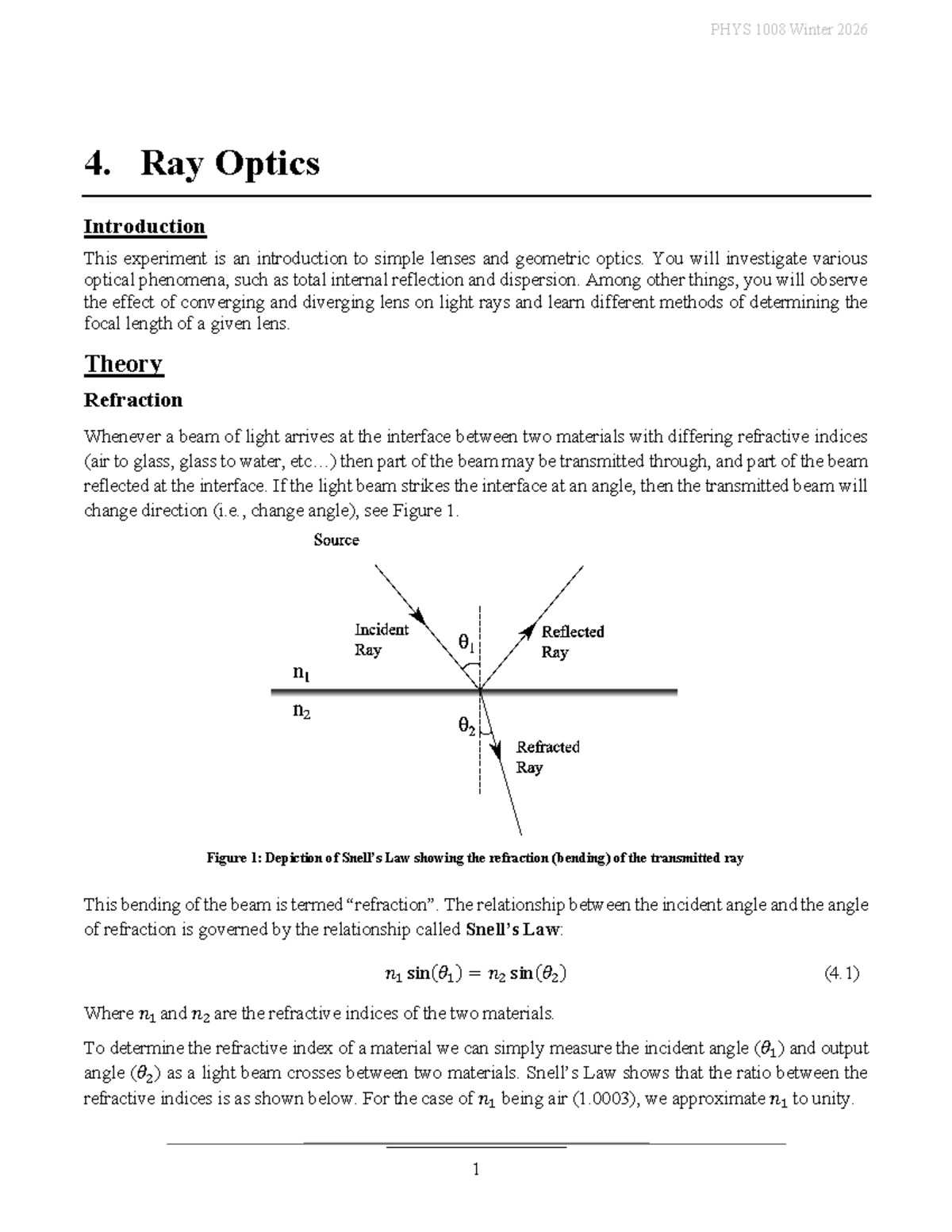 PHYS 1008 Winter 2026: Ray Optics Experiment Manual - Studocu