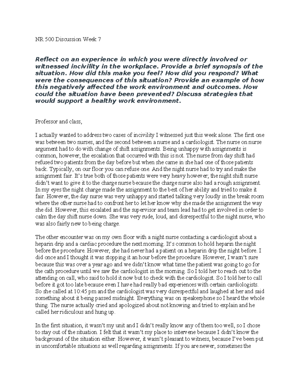NR 500 Week 7 Discussion: Addressing Workplace Incivility in Nursing ...