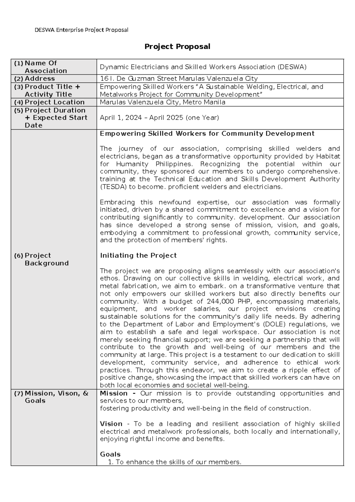 DESWA Enterprise Skill Empowerment Project Proposal - Community ...