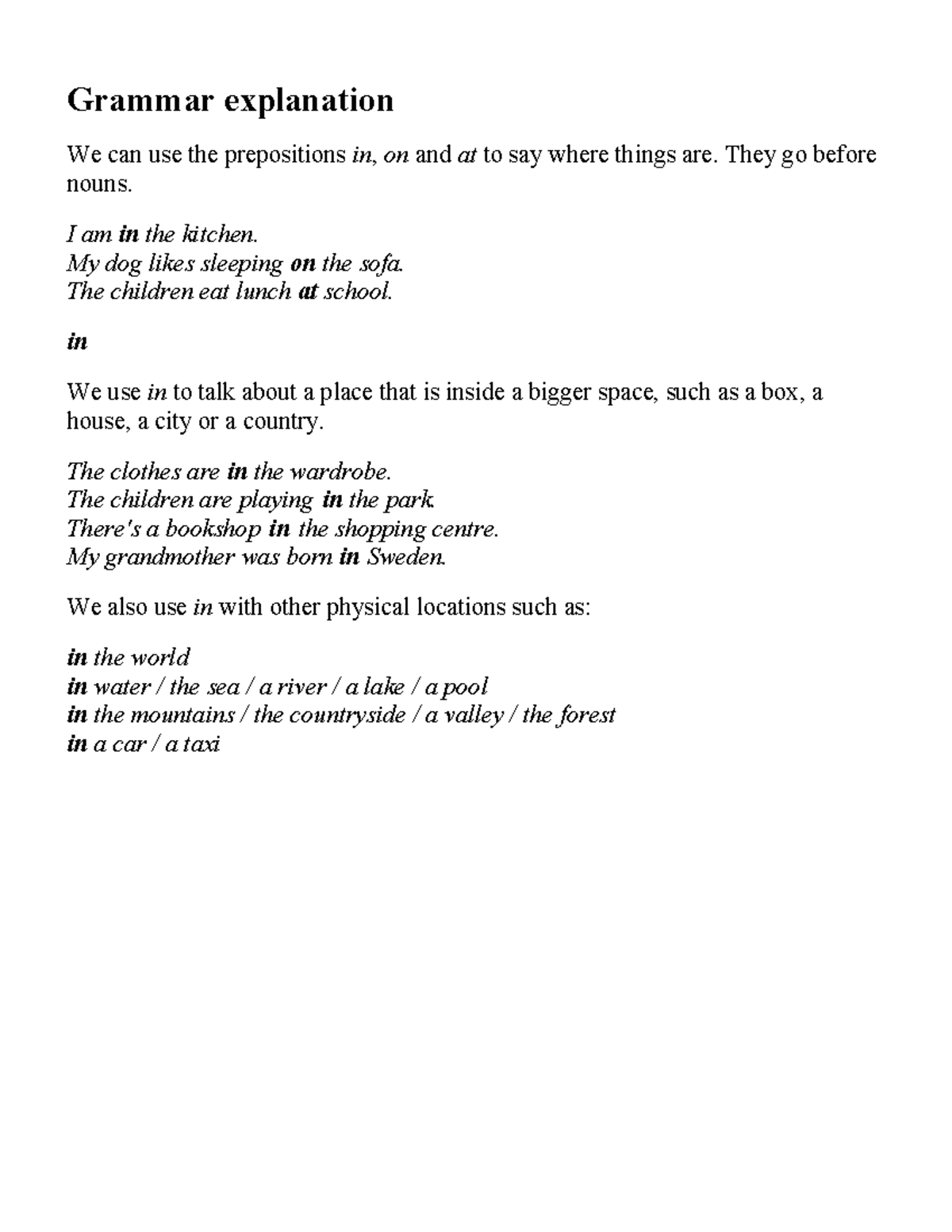 Grammar Explanation - Class Notes on Prepositions (in, on, at) - Studocu