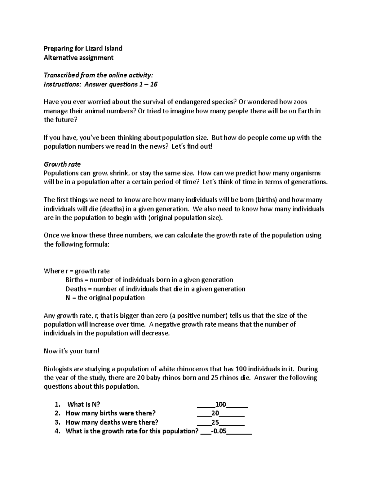 Lab 2A: Preparing for Lizard Island Alt Assignment - Population Growth ...