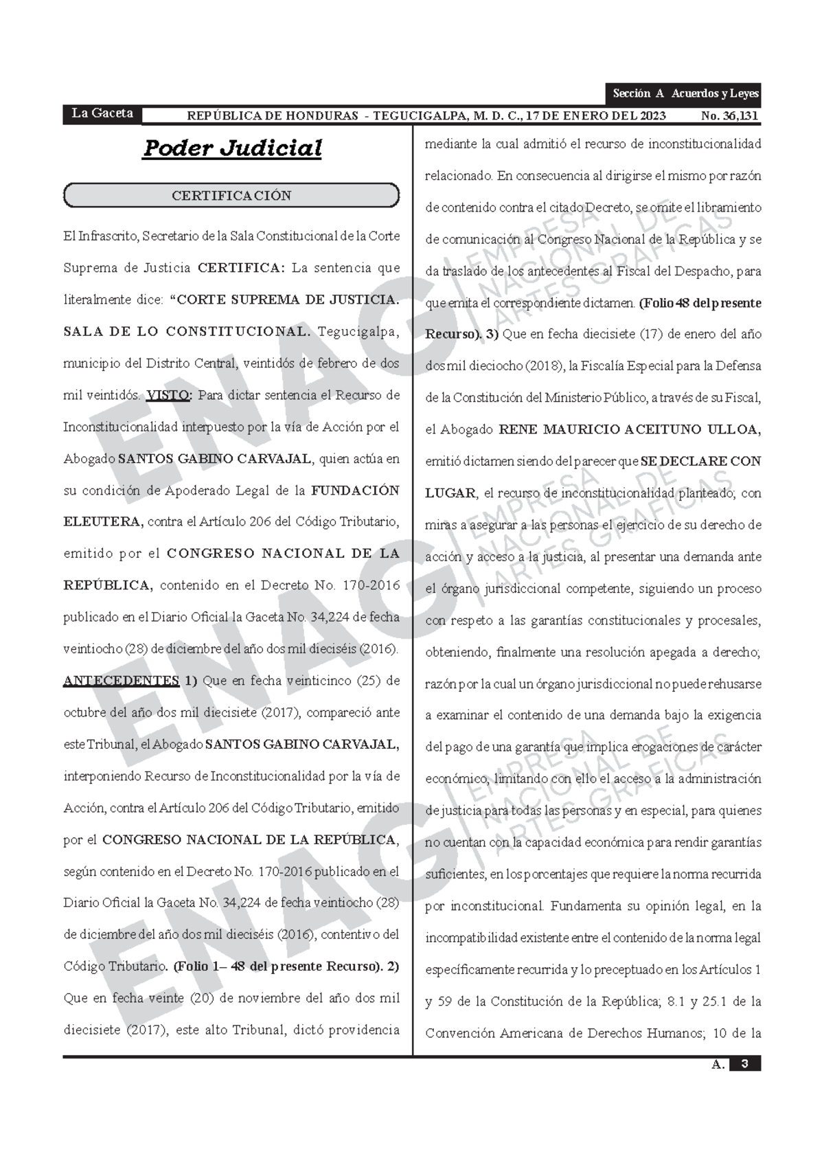 Certificación de la Sentencia de Inconstitucionalidad - Art. 206 CT 170