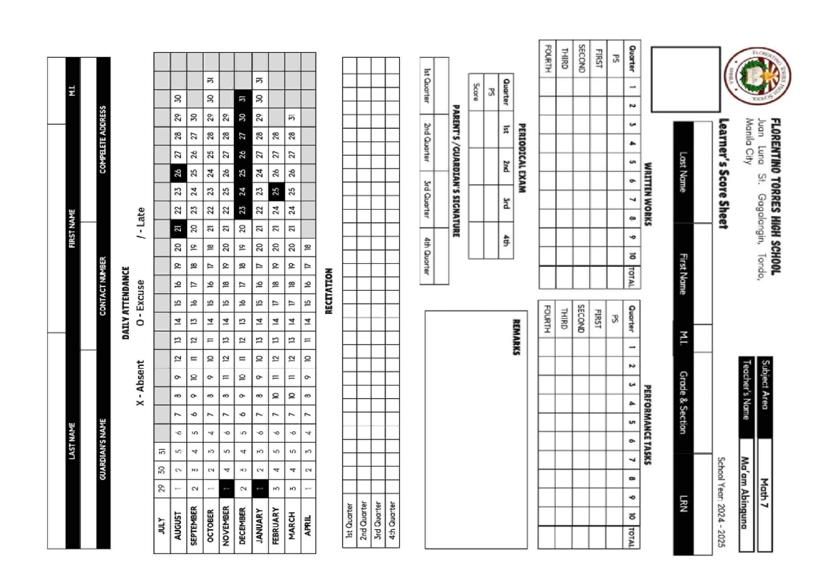Math 7 Learner's Score Sheet for SY 2024-2025 at Torres High School ...