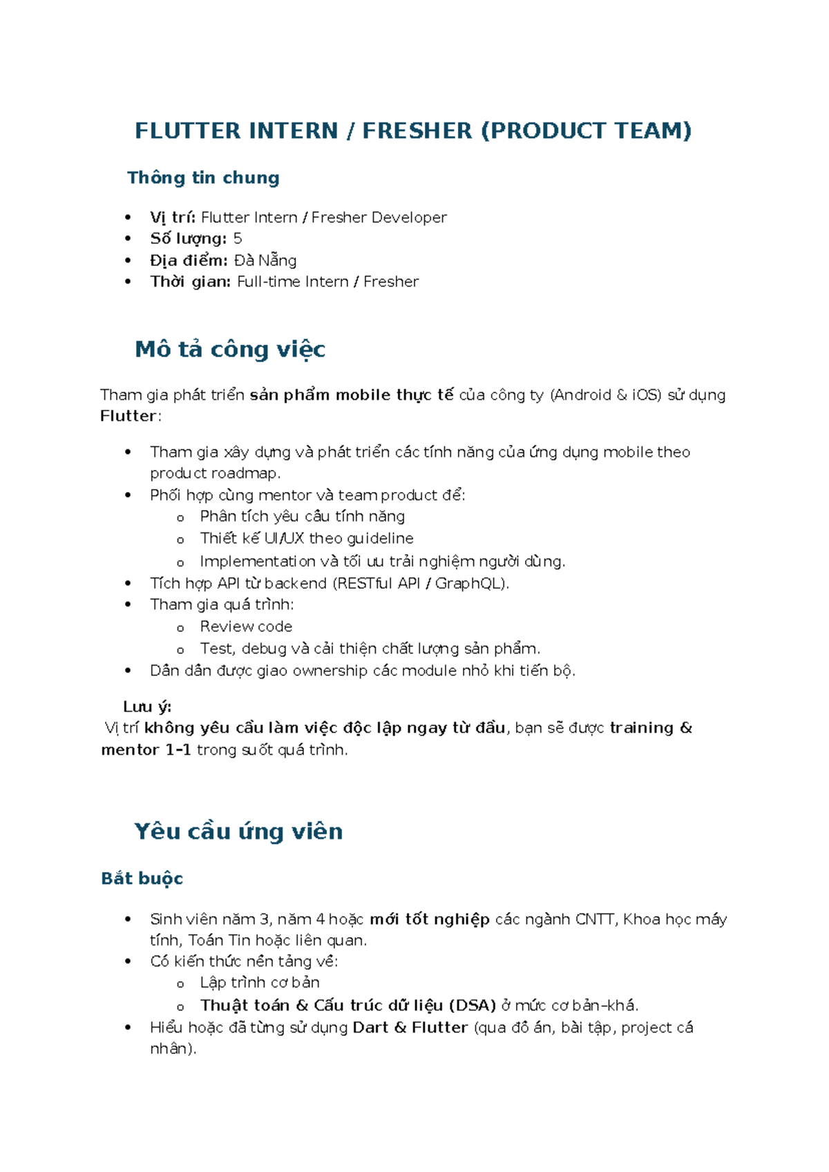 JD Flutter Intern Fresher (Product Team) - Đà Nẵng - Studocu