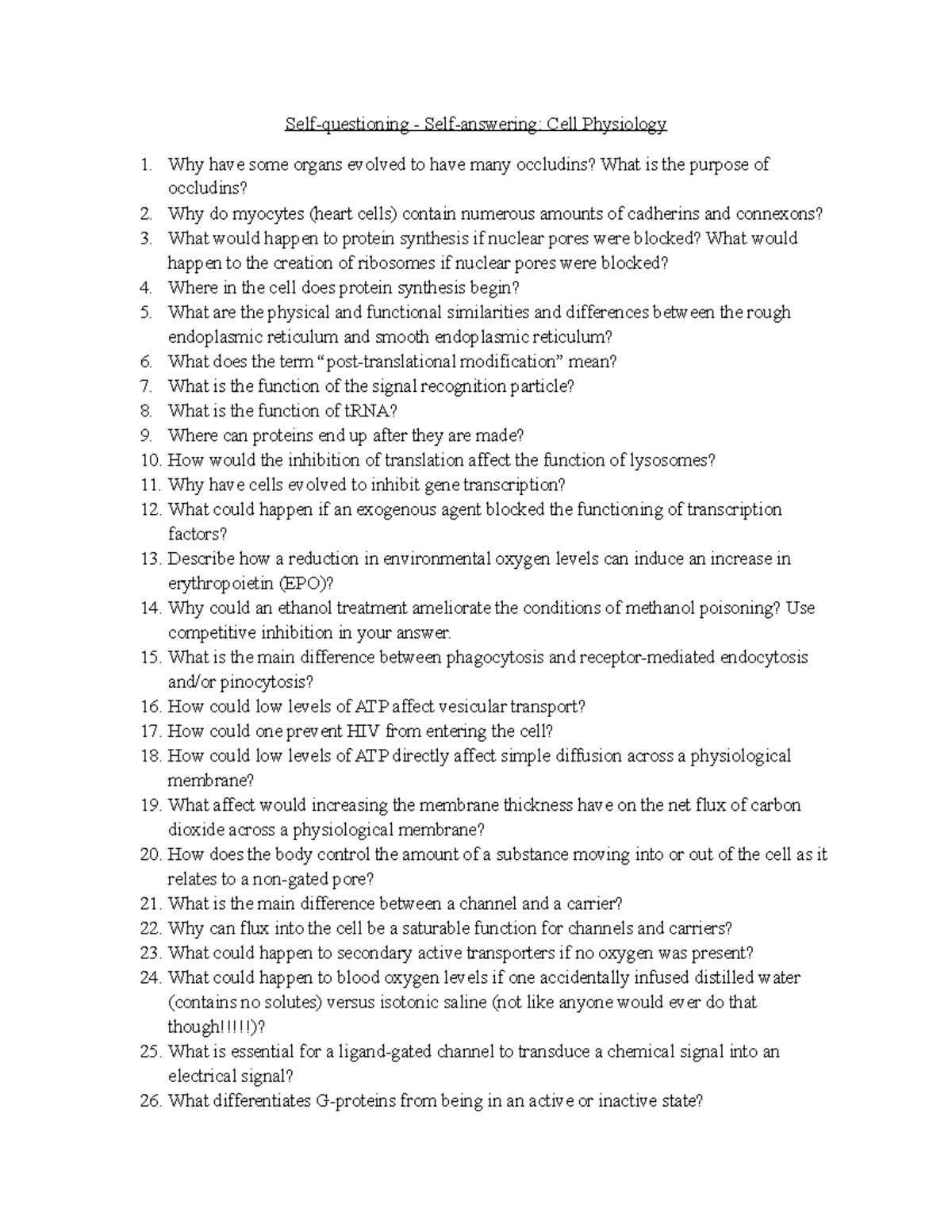 Cell Bio Questions - Human Physiology - Self-questioning - Self ...