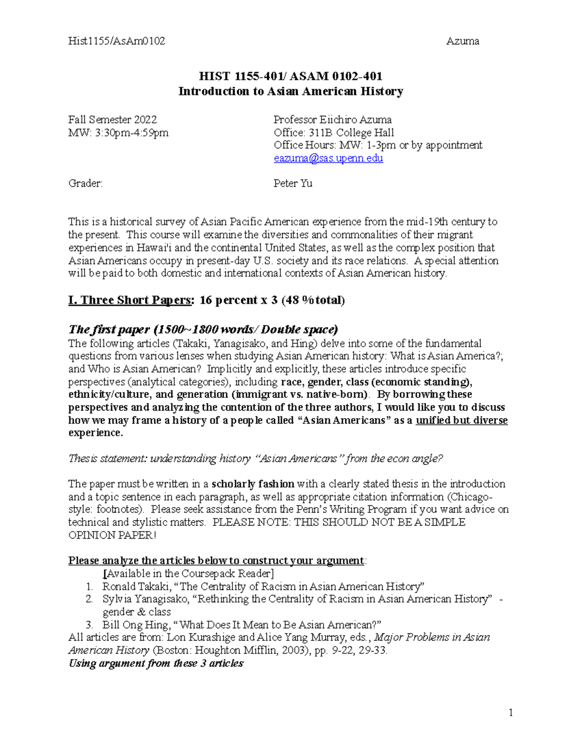 HIST 1155 (2022F) - Intro to Asian American History Syllabus - Studocu