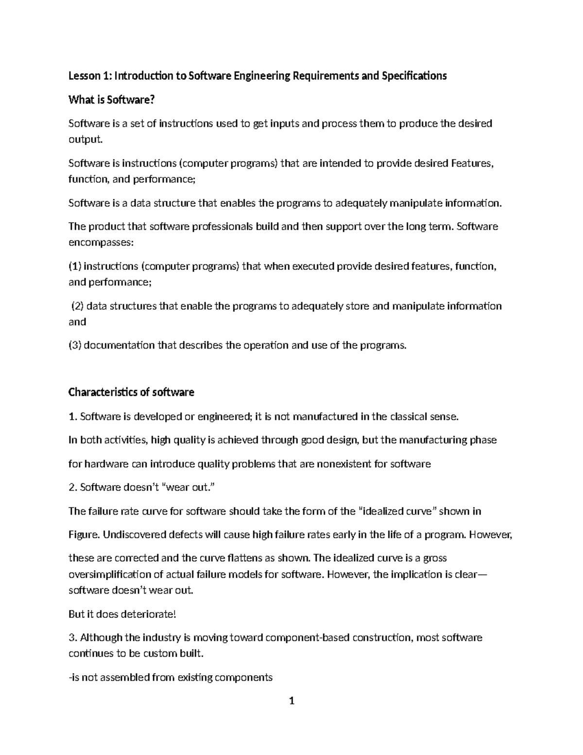 Lesson 1a: Intro to Software Engineering Requirements & Specs - Studocu