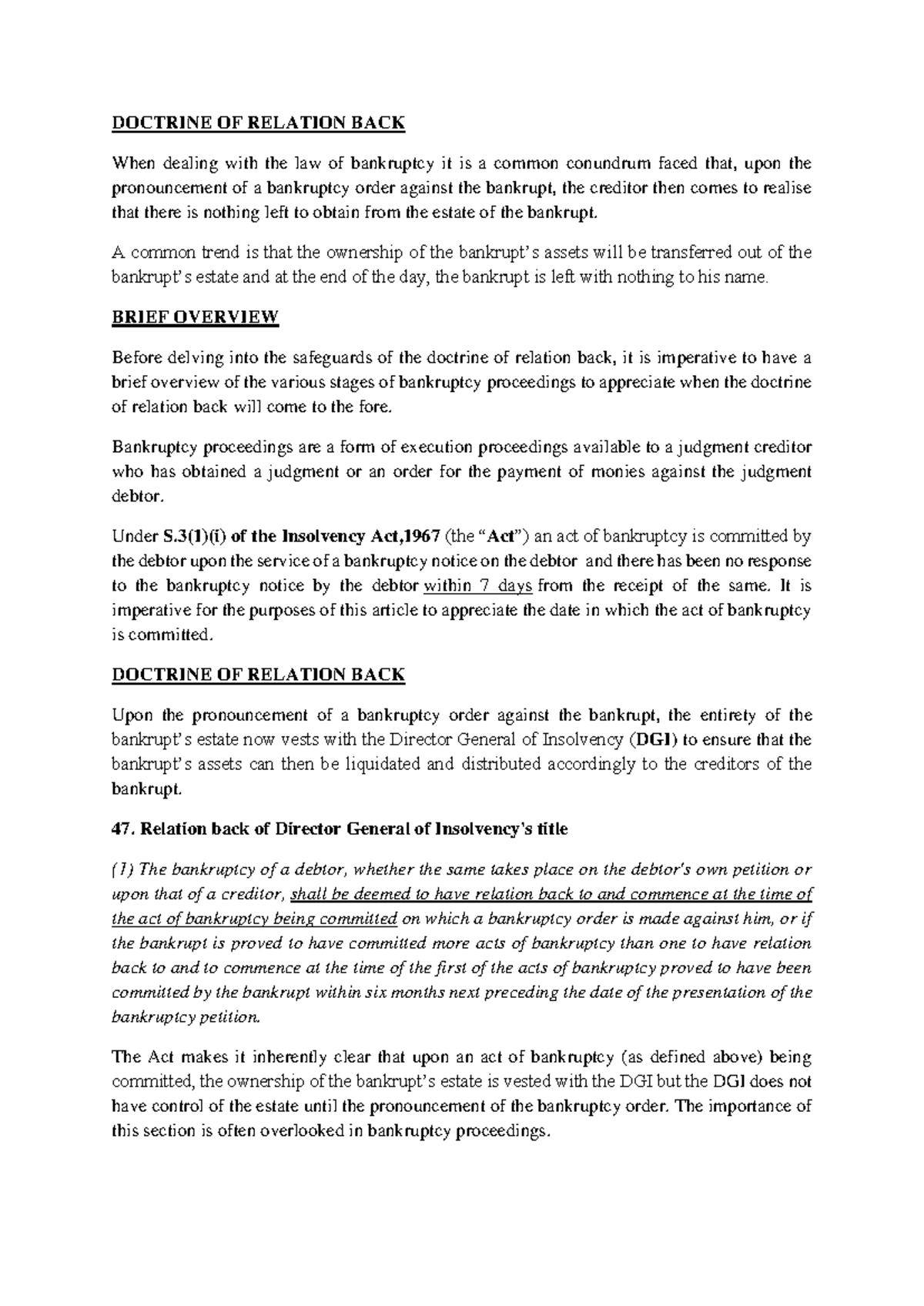 Doctrine of Relation Back in Bankruptcy Law - Short Notes - Studocu