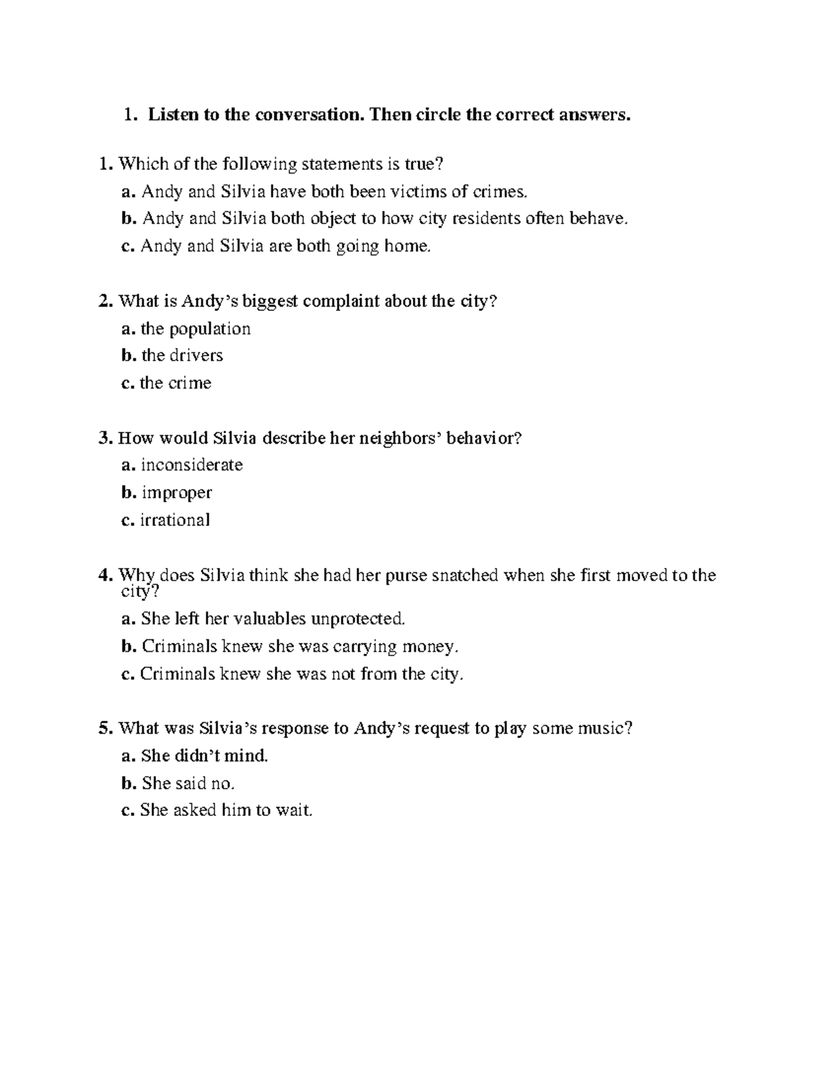 Listening practice Unit 5 - 1. Listen to the conversation. Then circle ...