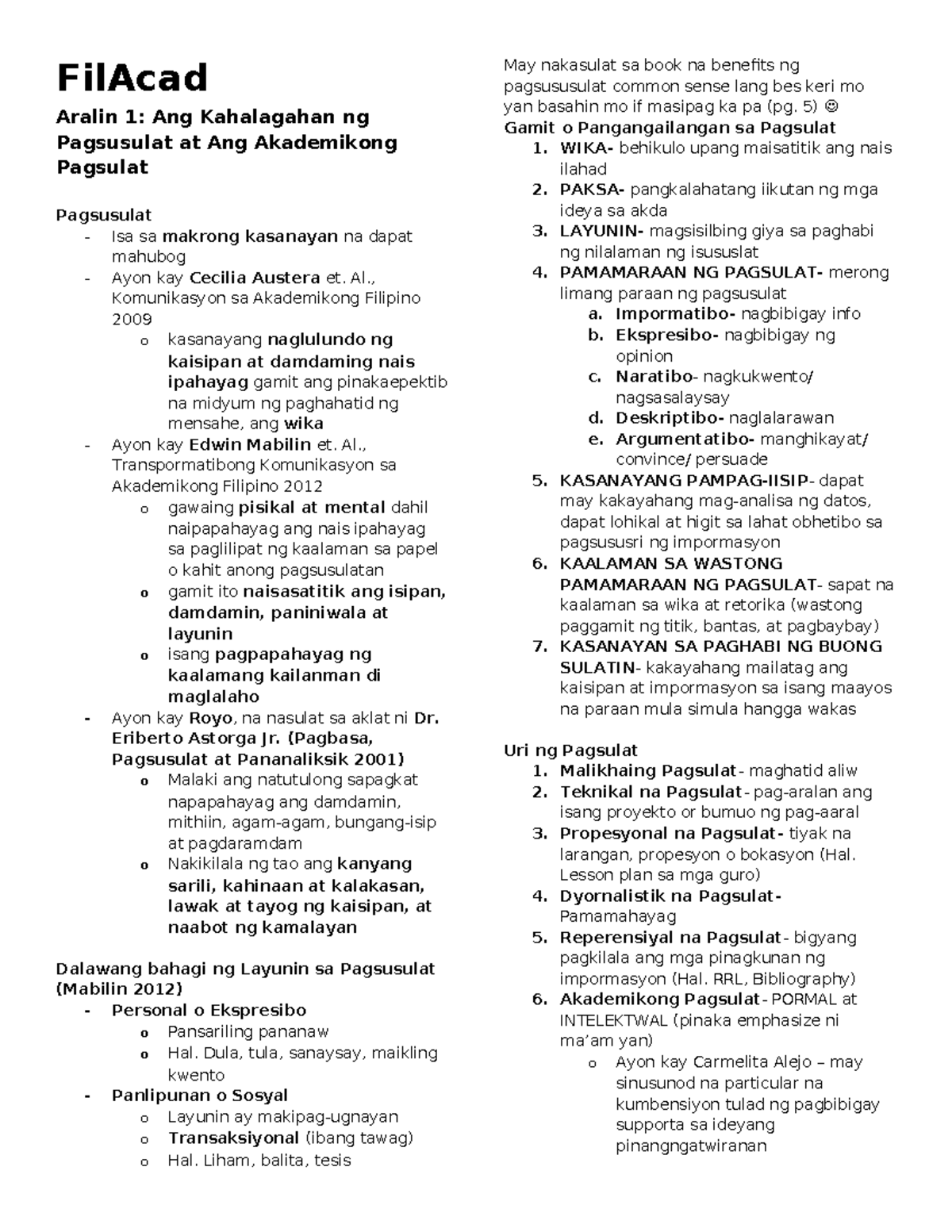 FilAcad Aralin 1: Kahalagahan ng Pagsusulat at Akademikong Pagsulat ...