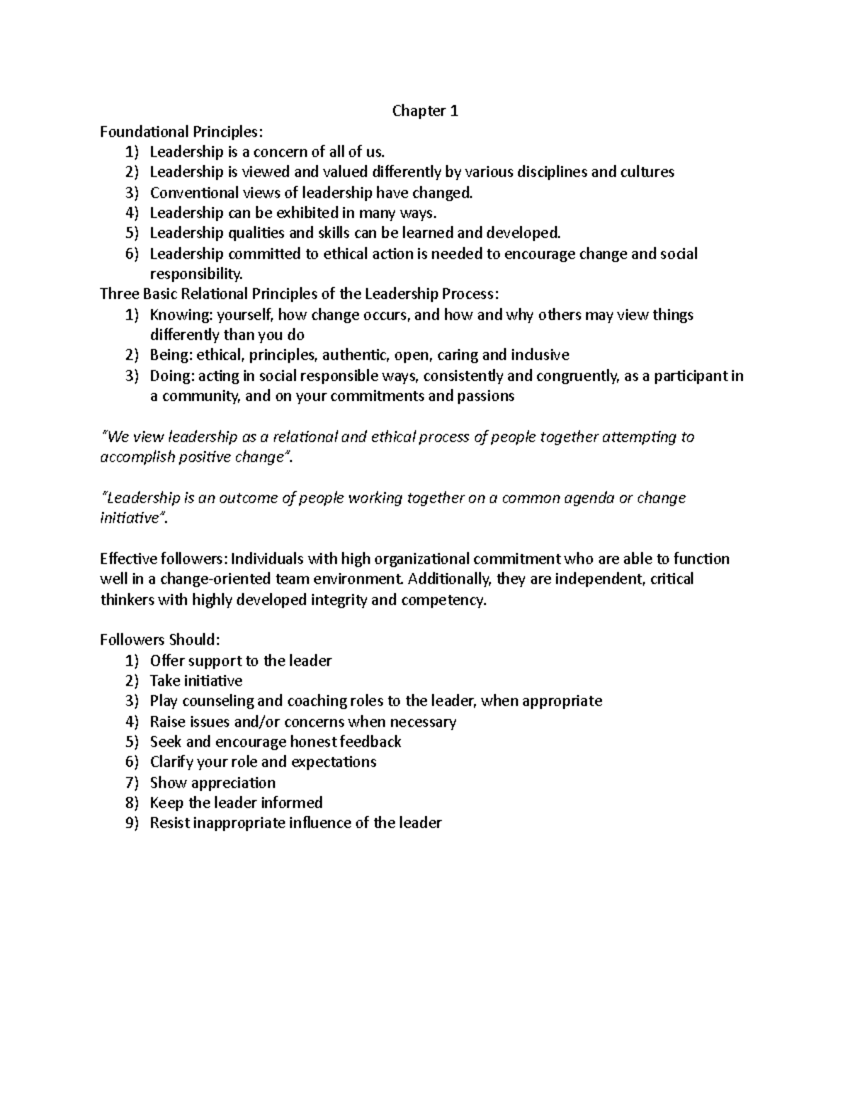 Chapter 1 Summary: Key Principles of Leadership and Followership - Studocu