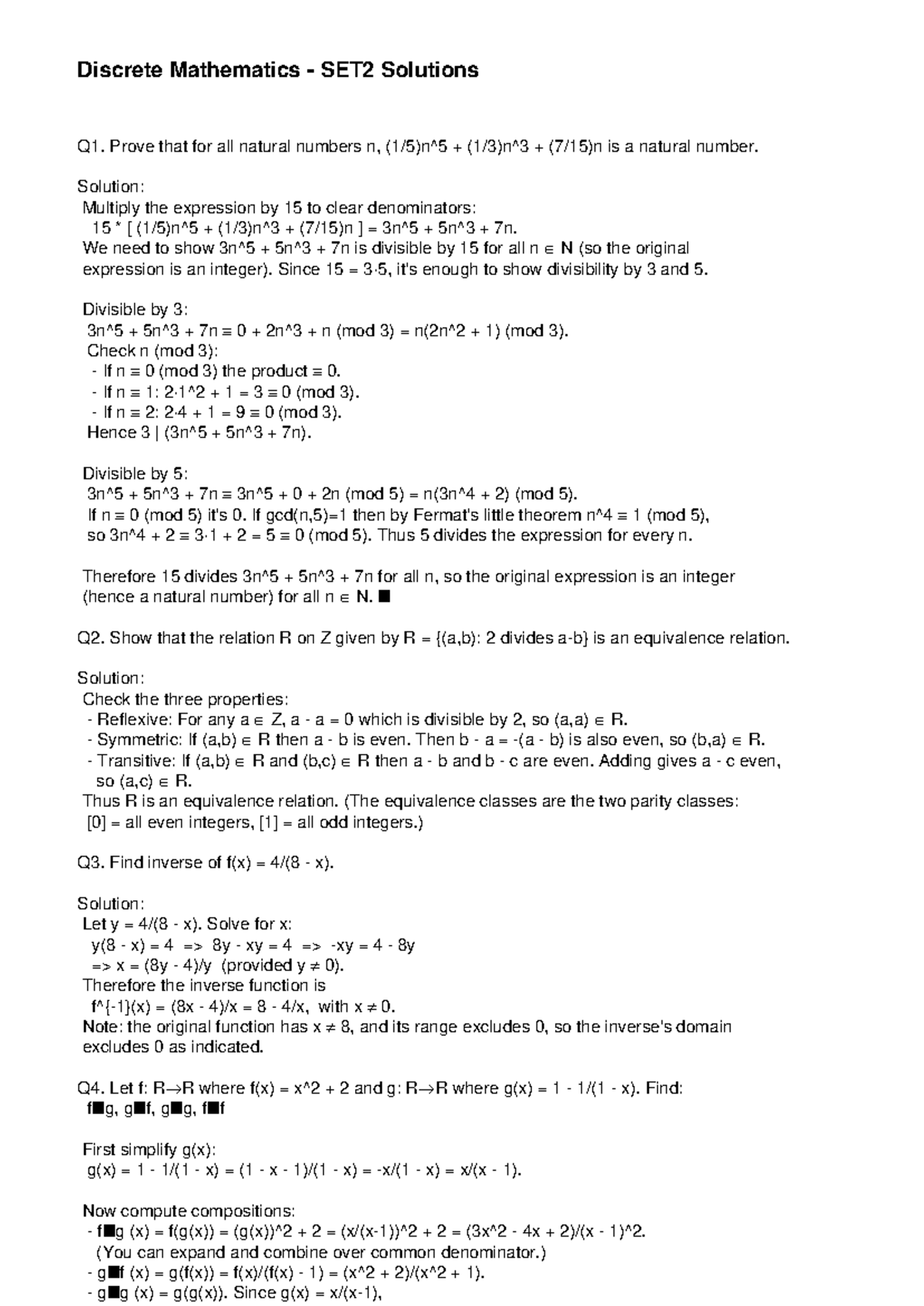 Discrete Mathematics SET2 Solutions: Natural Numbers & Equivalence ...