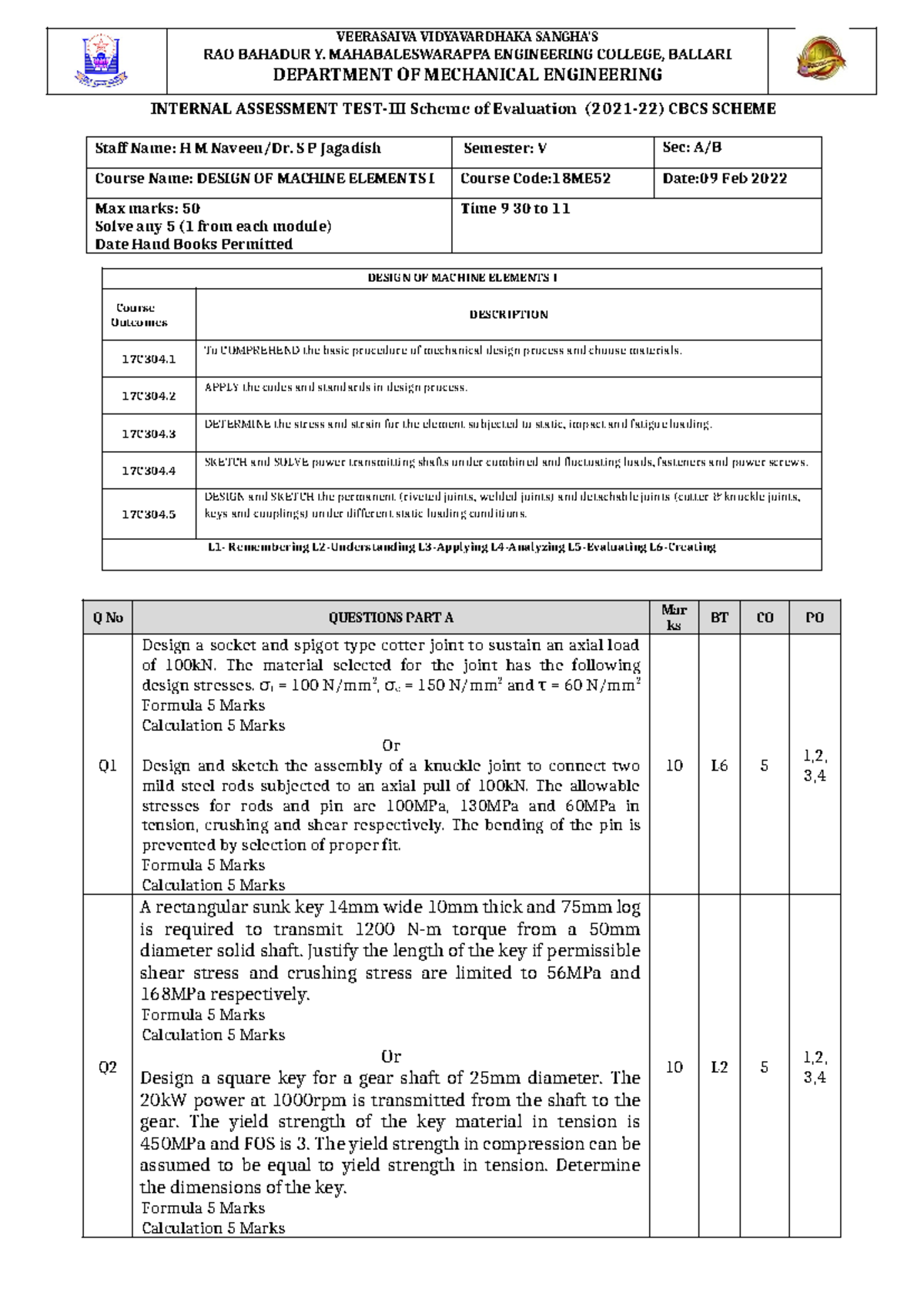 DME I Internal Assessment Test-III (QP 3) Scheme 2021-22 - Studocu