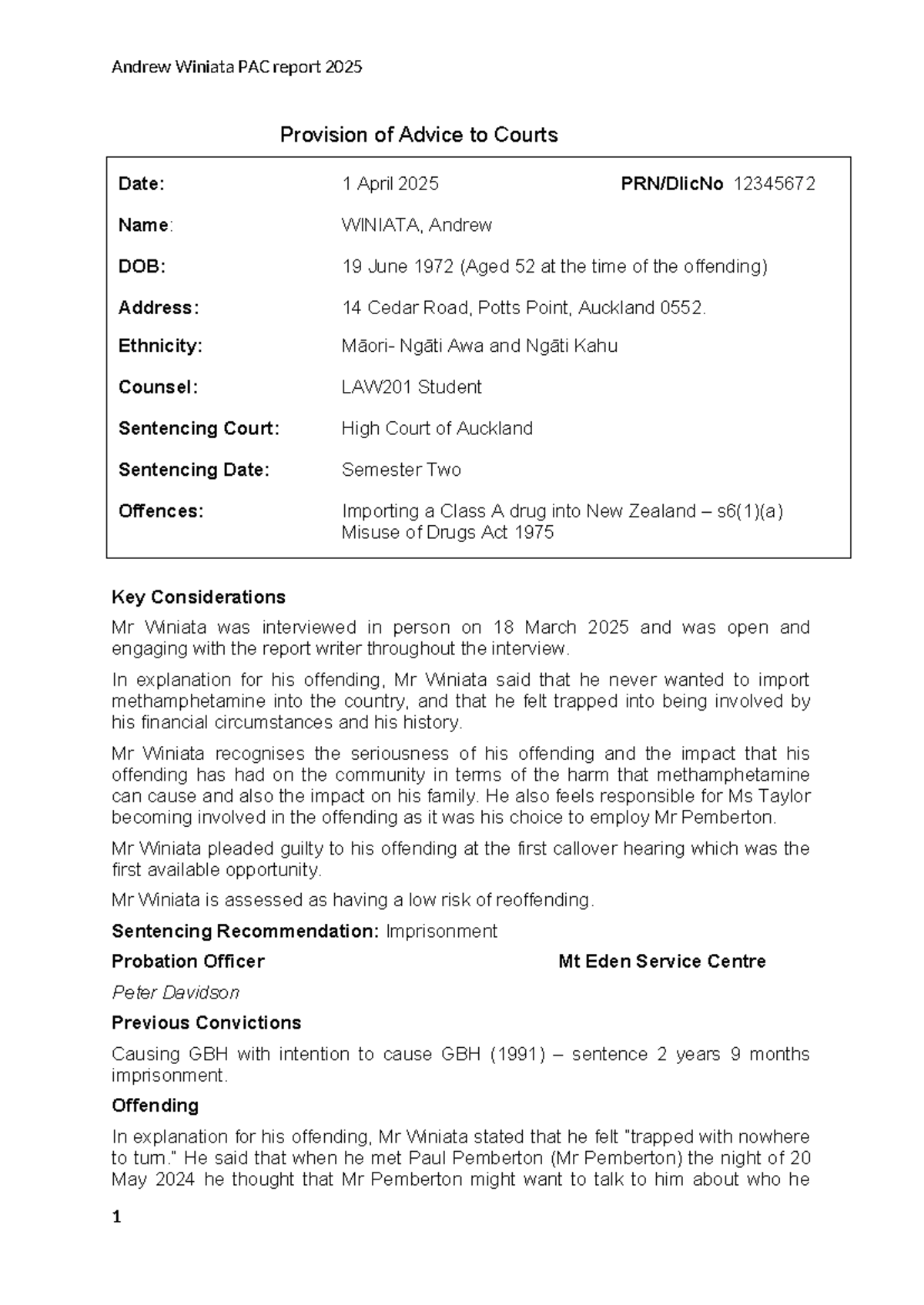 LAW201 PAC Report: Andrew Winiata's Sentencing Insights 2025 - Studocu