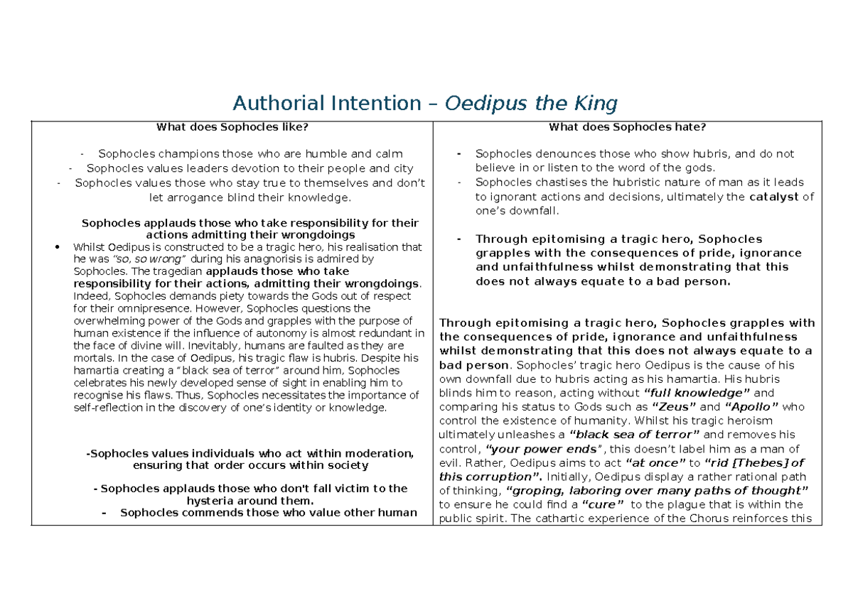 **Sophocles' Authorial Intention in Oedipus the King Analysis** - Studocu