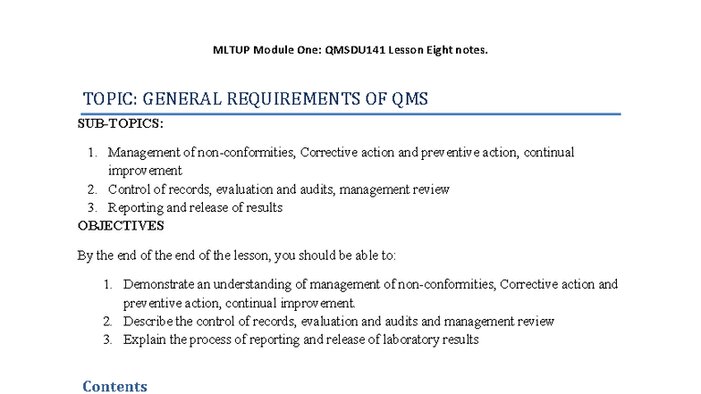 MLTUP Module One: QMSDU141 Lesson Nine Notes on QMS General ...