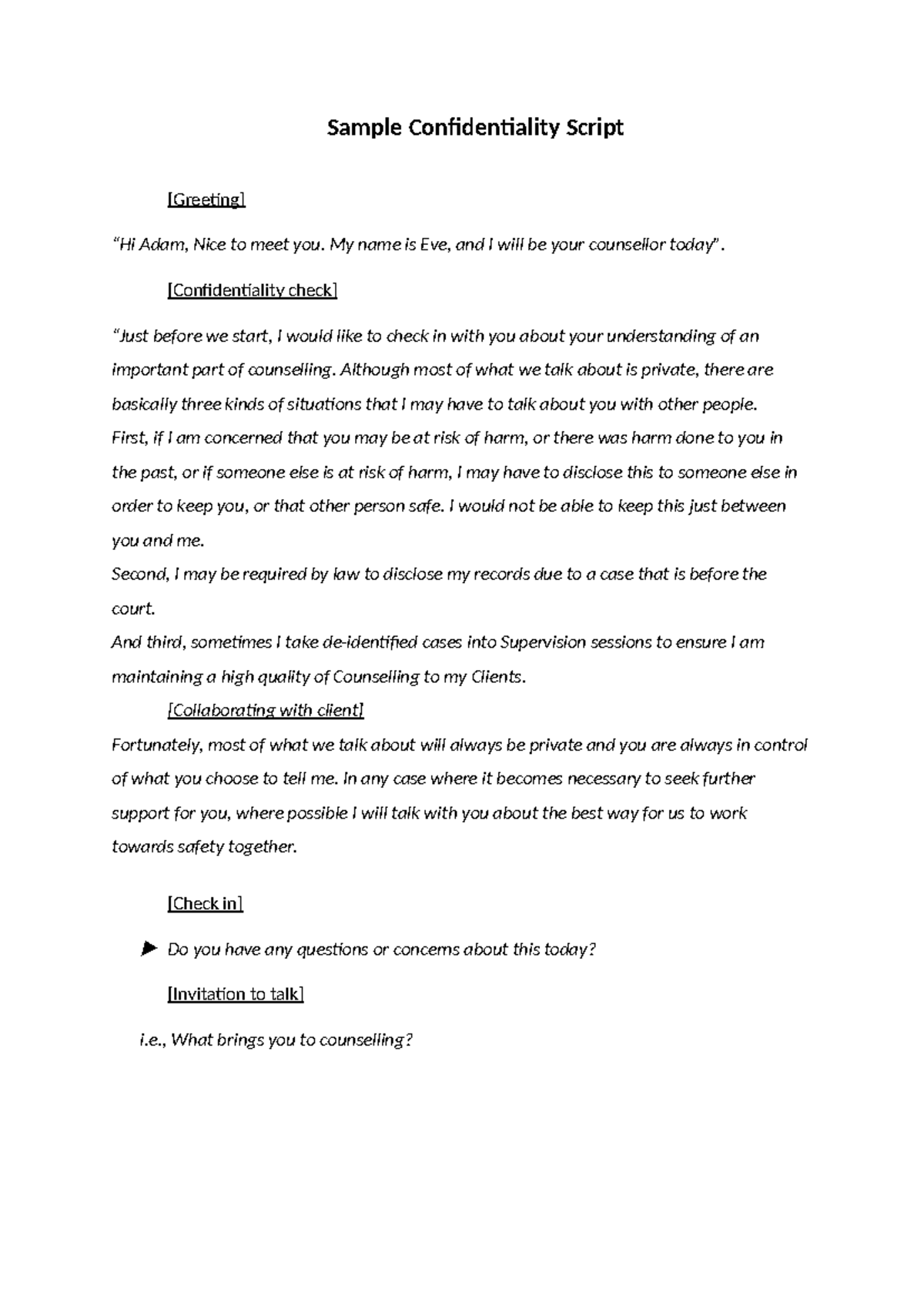 Confidentiality Script for Counseling Sessions: Key Points - Studocu