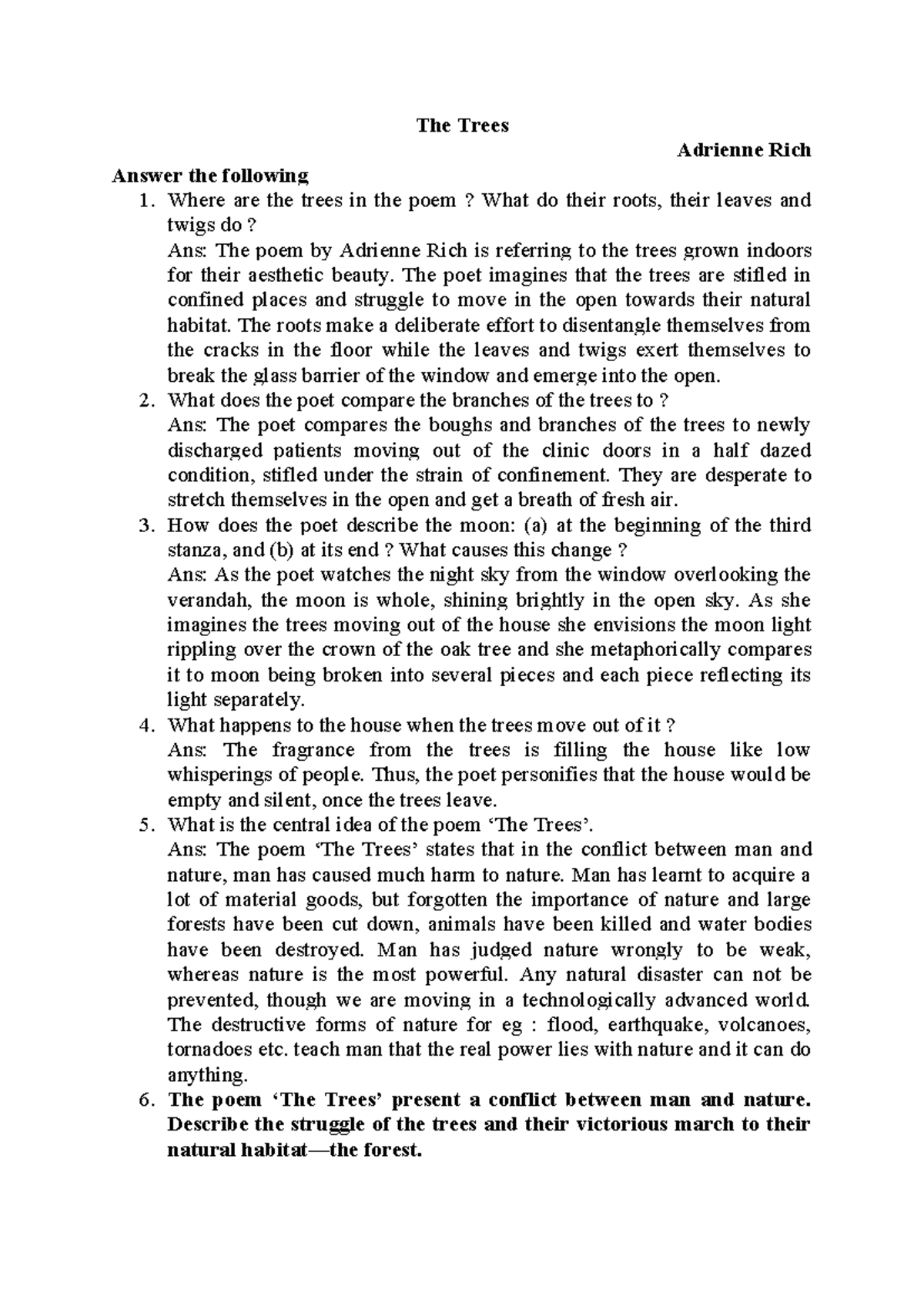 The Trees by Adrienne Rich: Analysis and Themes - Studocu