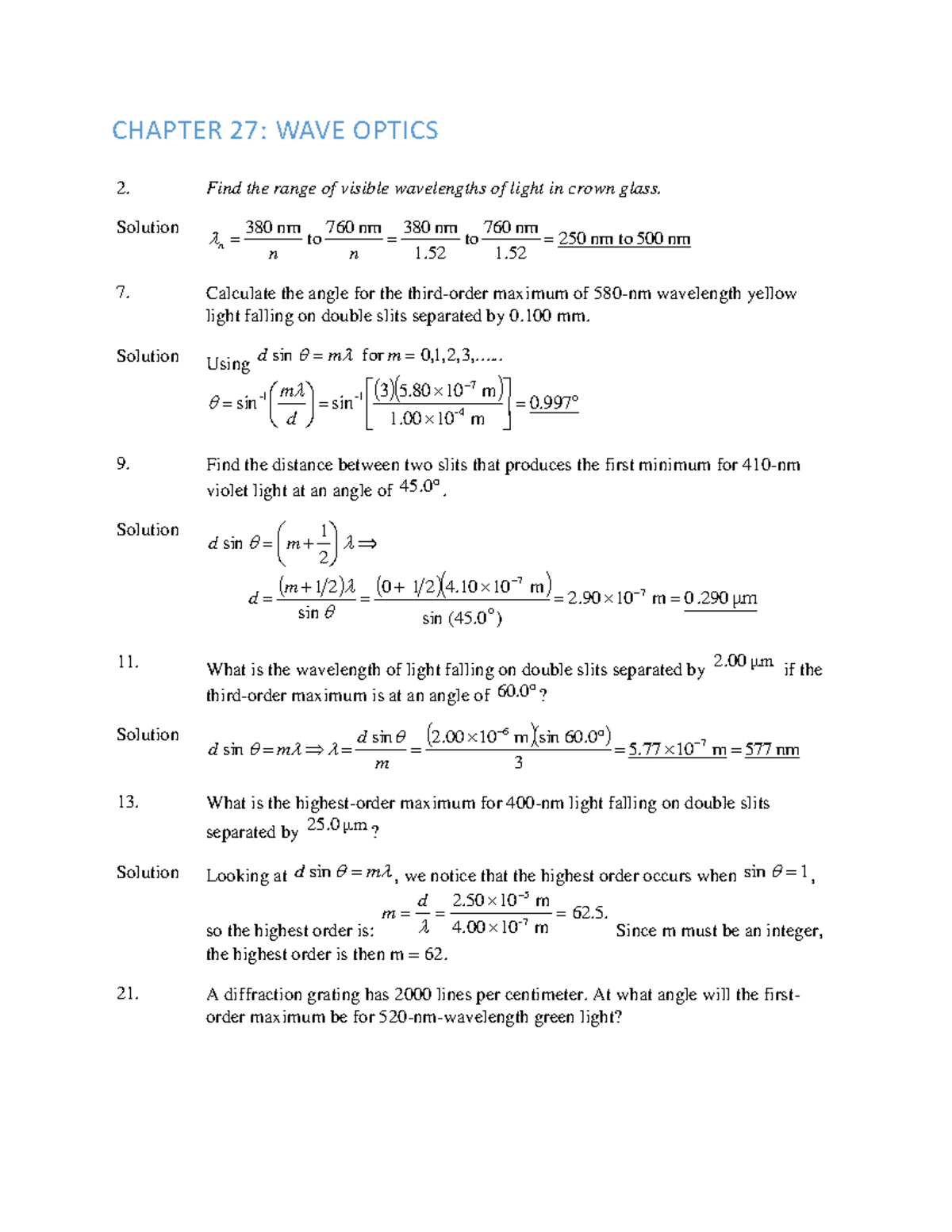 Wave Optics Solutions and Calculations for PHYS 101 Final Exam - Studocu