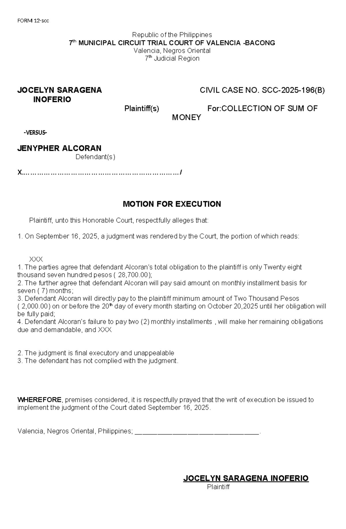 Motion for Execution - Civil Case No. 7th MCTC Valencia - Studocu