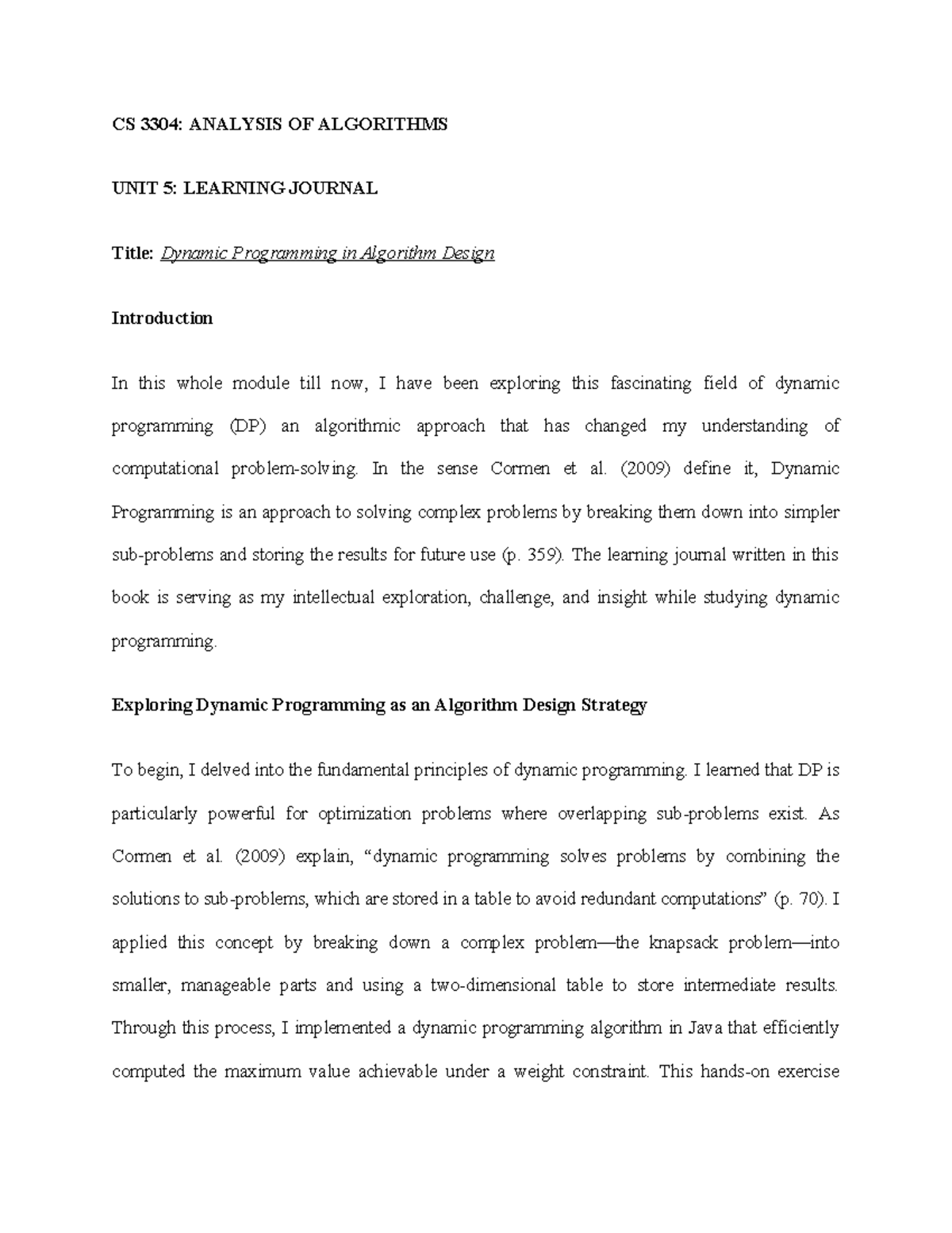 CS 3304: ANALYSIS OF ALGORITHMS UNIT 5: DYNAMIC PROGRAMMING LEARNING ...