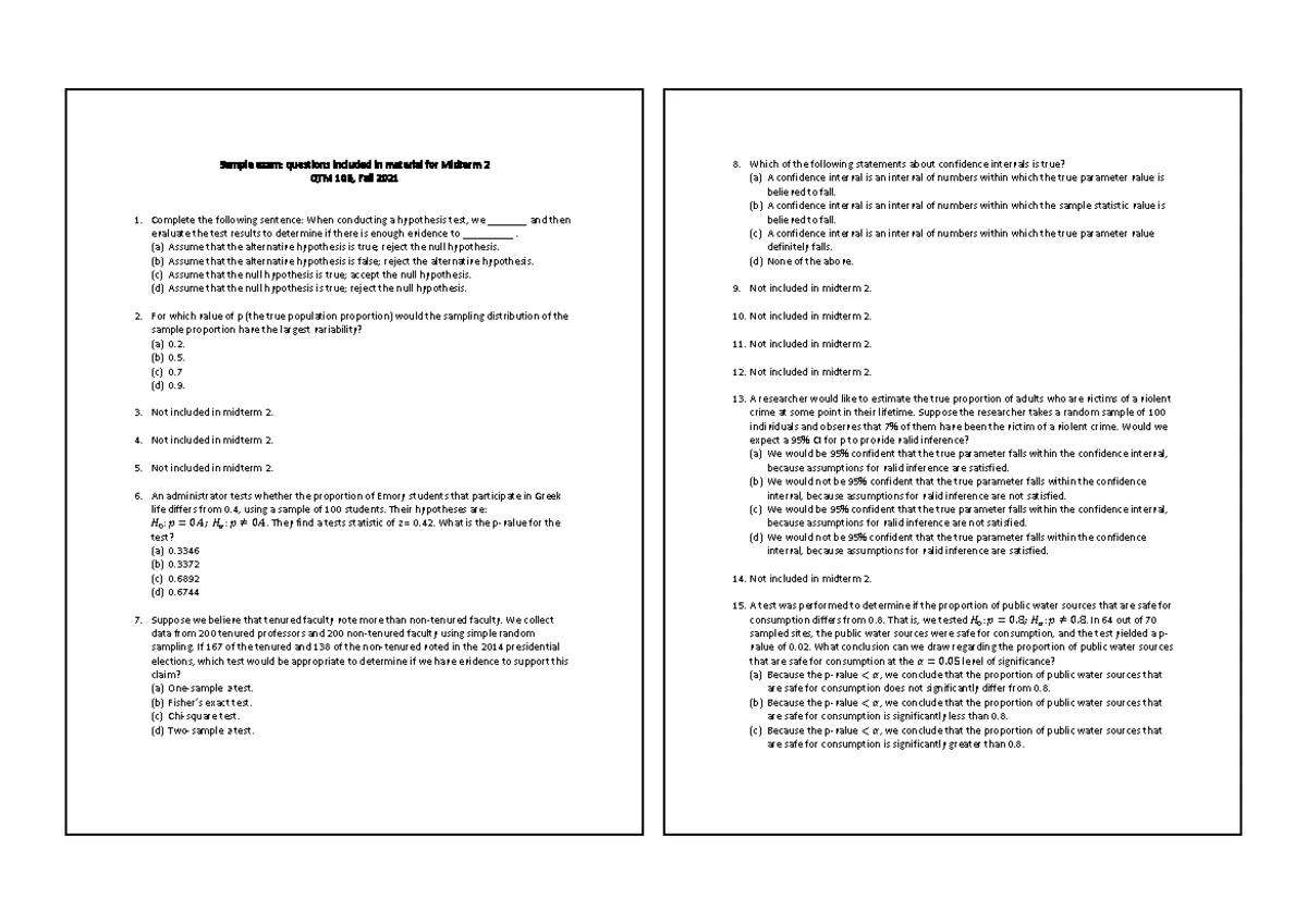 Practice Questions for Midterm 2 QTM 100, Fall 2022 - Studocu